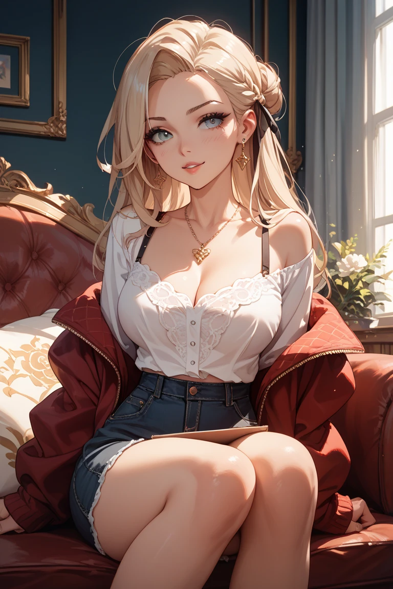 (masterpiece, best quality),(depth of field),shiny skin, 1girl,solo, cowboy shot, huge breasts, 1girl, mature female, solo, ((The photoshoot features a mid-twenties woman sitting by a sunlit window, her legs folded under her, with an open sketchbook in her lap. She's dressed in a cozy cardigan, a floral skirt, and a serene, artistic expression.)) <lora:tessa basic-000003:0.6>