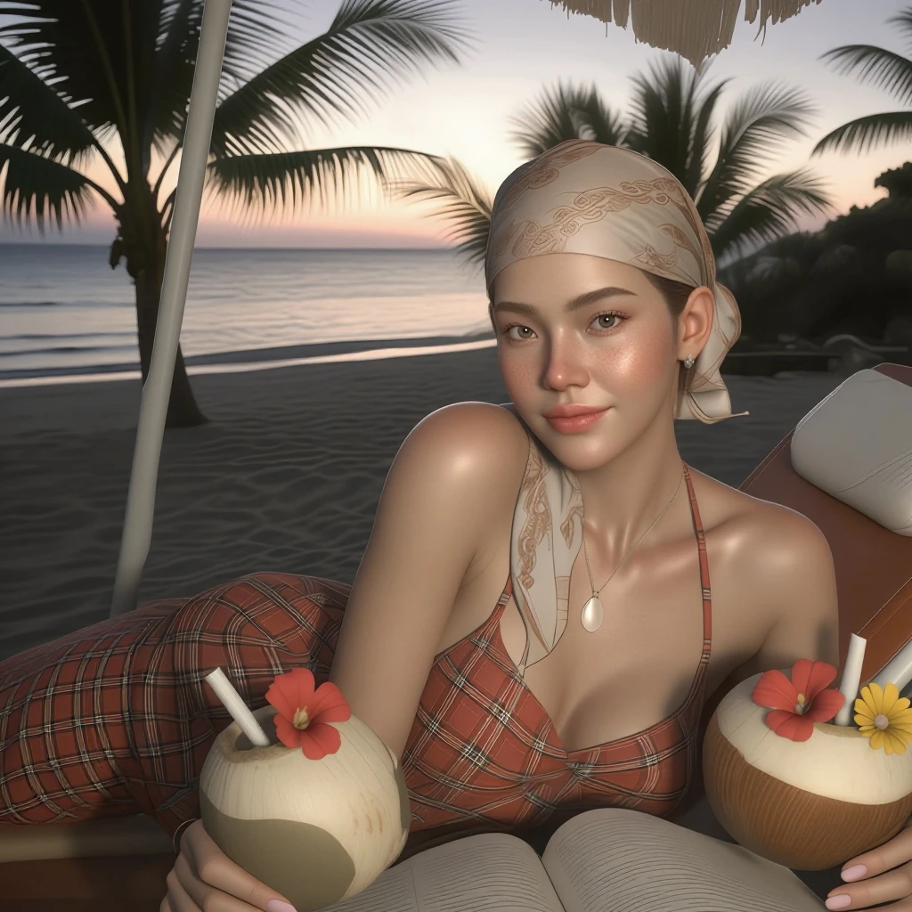 (masterpiece), (best quality), (ultra-detailed), ((masterpiece)) ((best quality)) ((ultra-detailed)) there is a woman in a bikini sitting on a bed, realistic bikini, deep tan skin, sexy :8, attire: bikini, latina skin, tan skin), ethereal vaporous tan skin, full pose, boutinela bikini, tanny skin, poolside, pinup body, photorealistic perfect body, near the beach, sexy body and face, imvu