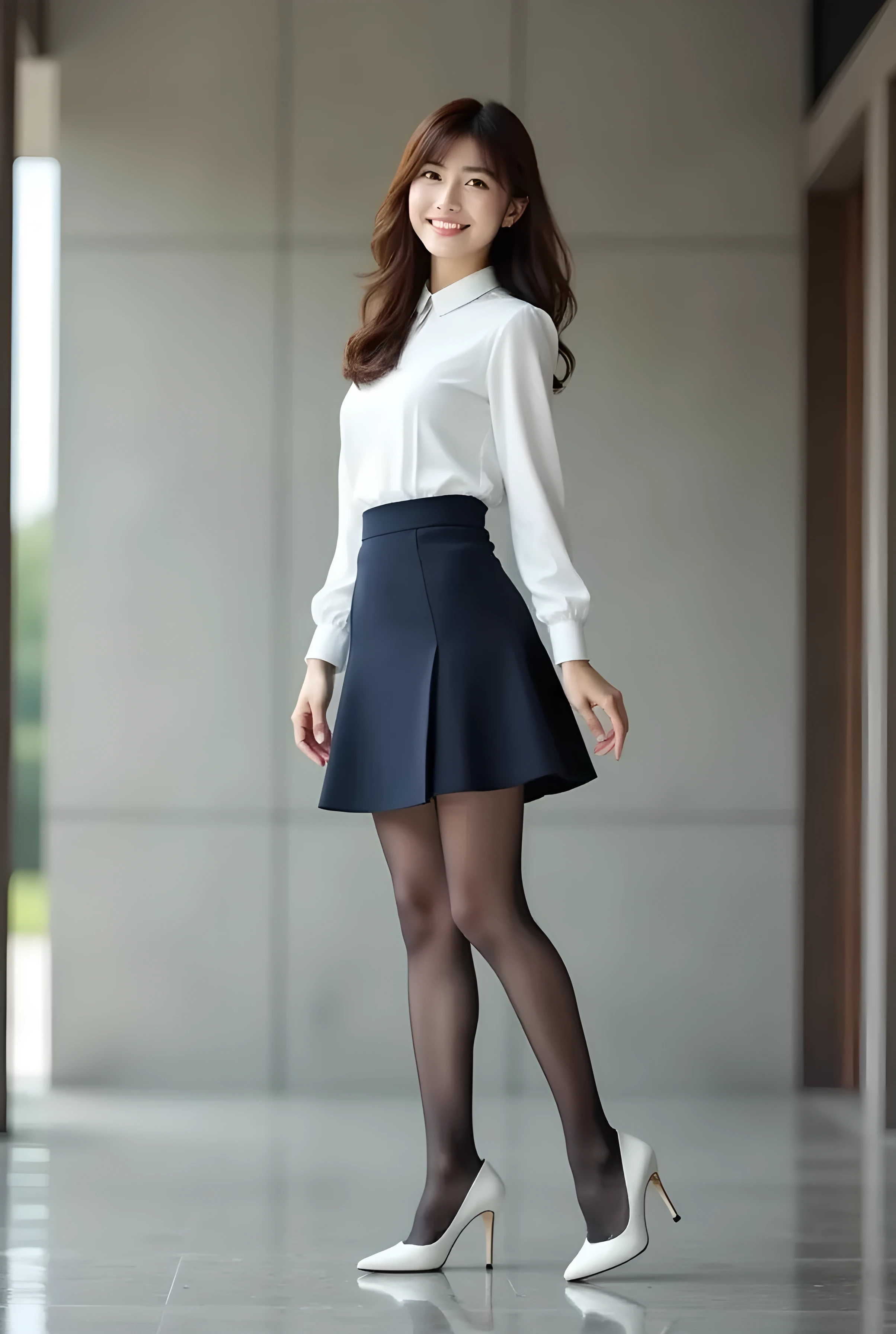 Super Real , photorealistic , (Full body image:1.5), she looks so happy , shadow, Global Illuminations , Alone, (japanese women in their 20s :1.5), very beautiful、 cute smile , Slim, brown hair , beautiful legs , Long, slender legs , Surimi West , She's wearing a receptionist ,wearing a bus guide , turn your body forward、 white hair,full body photo ,Please take a picture up to the tip of your foot ,wear gray pantyhose on her legs ,When the light hits stockings, they reflects beautifully., wearing white high heels ,