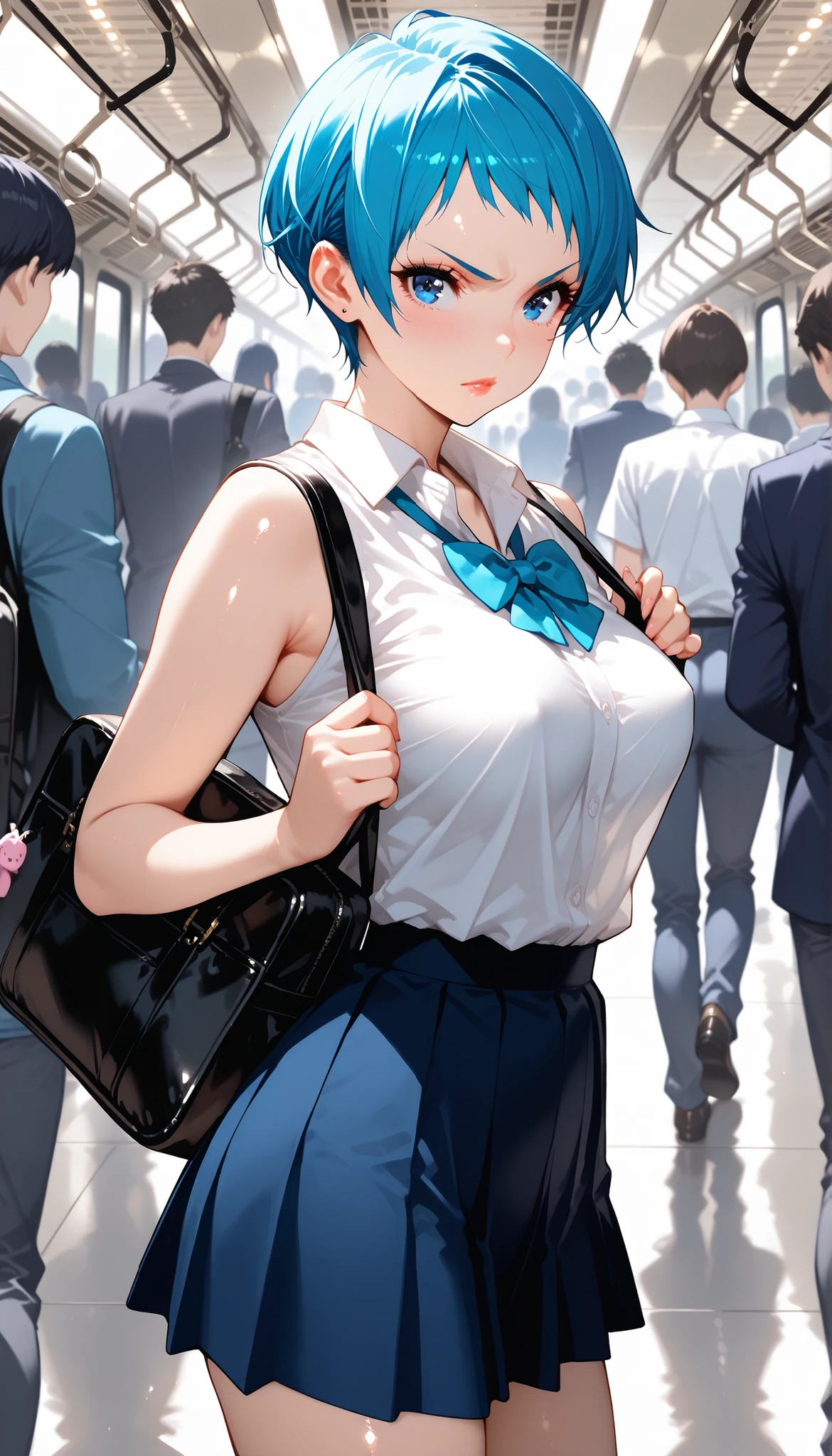 Rem of Rezero、blue hair、short hair、table top、High resolution、lots of girls、Multiple Girls、large crowd、lots of cute girls、big and full breasts、naughty body、underwear only、see-through、pink lingerie、throw、、whole body、standing、Looking up at me、confused face、blush、black pantyhose、The shape of a woman's private parts is clearly visible、nipples are visible、white shirt、navy checkered skirt、micro mini skirt、very short skirt、department store、The shops、a lot of people、in the crowd、????? breasts、show your chest、circle