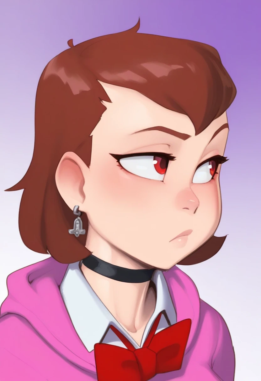 1girl, solo, portrait, hoodie, gradient background, short hair, brown hair, red eyes, school uniform, pink sweater, long sleeves, white shirt, collared shirt, red bowtie, earrings, black choker, looking to the side, 
masterpiece, best quality, <lora:bikupan-guy90-Illust-Lycorisv1:1> napkib <lora:dandadan_ayase_illustriousXL:1> ayase momo