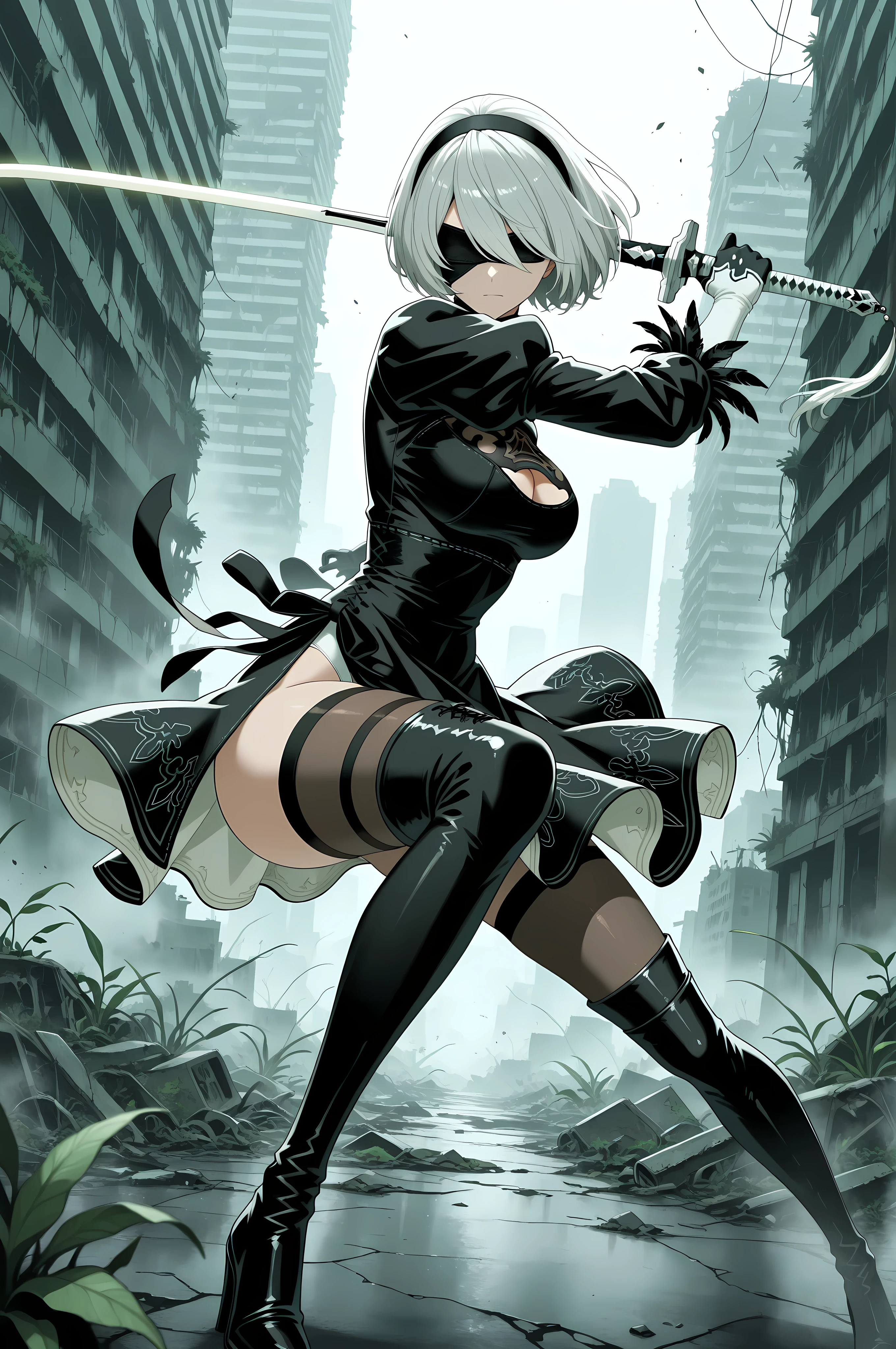 2B, automata, battle stance, the flash of the sword tip reflecting randomly, ominous atmosphere, ruined city, plant overgrowth, masterpiece, best quality, absurdres, sharp details