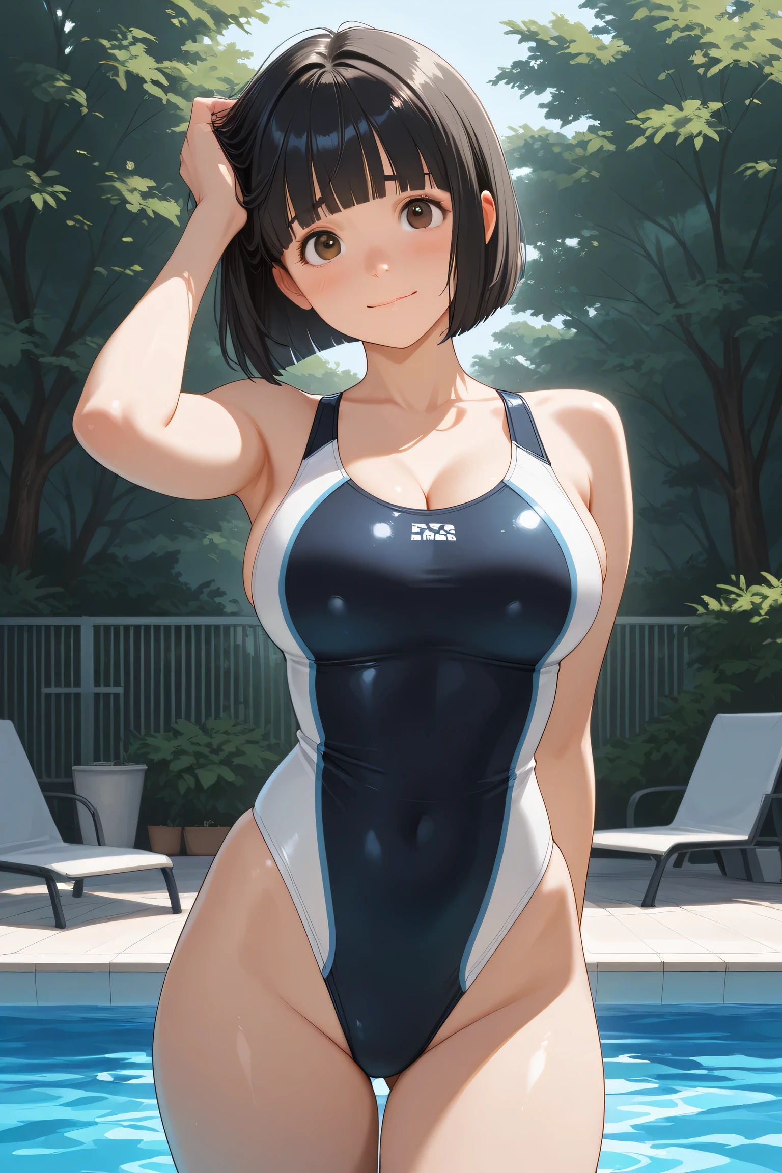 (A high resolution, masterpiece, Best Quality, High resolution:1.8), (Photorealistic:1.5), (a cute girl:1.8), (Dim light), (Light on the Face:0.5), (Detailed face, detailed hairs, Detailed skin, (shiny eyes:1.5)), (Cowboy Shot:1.8), (huge-breasted), (slender), ((Squint and smile wide:1.3), (Smile:1.6), (Opened mouth:1.3)), (Looking at Viewer:1.5), (sexy Pose), (Shiny skin, high gloss skin:1.8), (competition swim suit:1.5), Sweaty skin, forest,