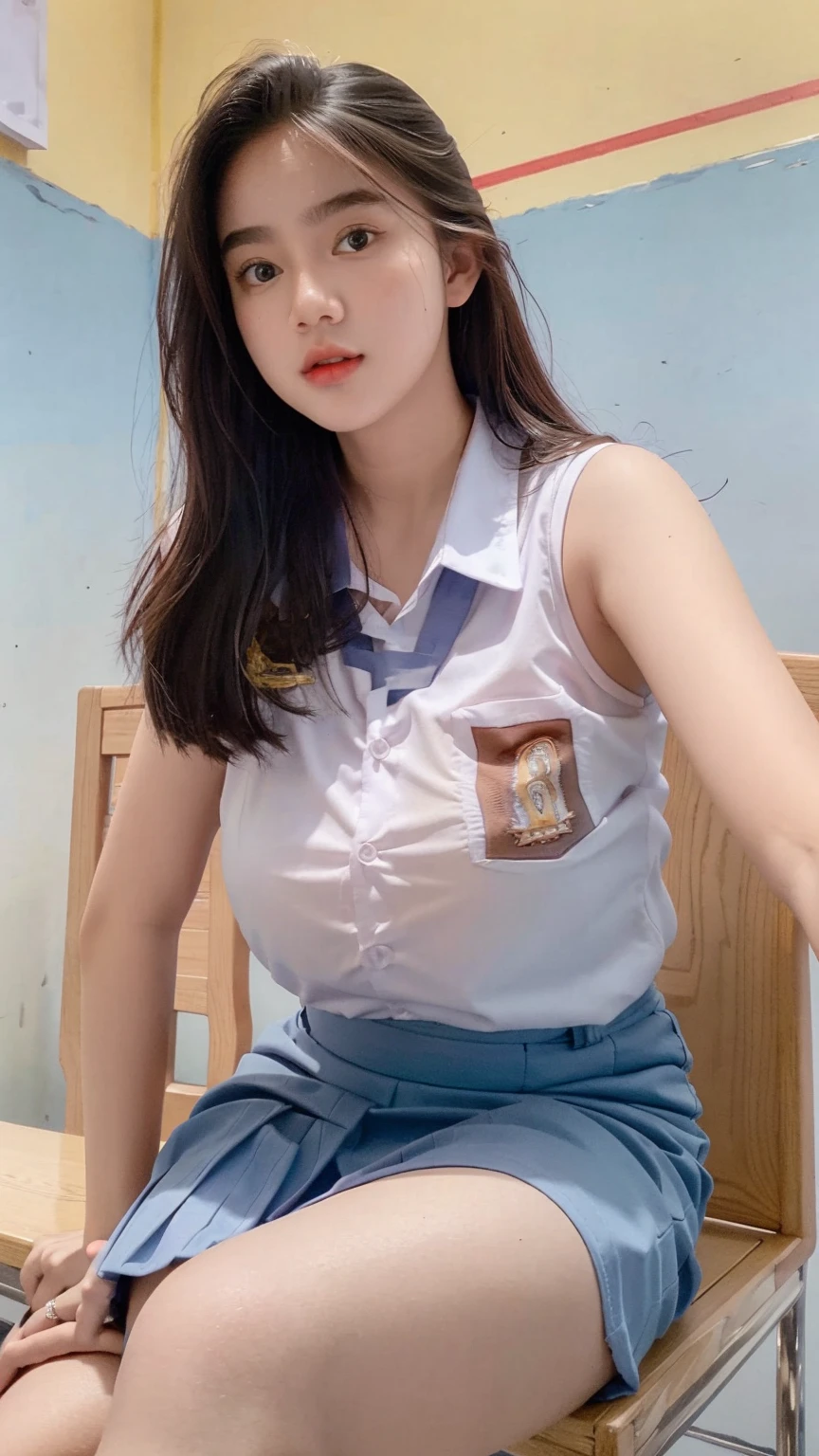 Beautiful 18 Years Old , Gigantic Large Breast , Cleavage , Sleeveless , ((Wearing High School Uniform)) , High School Skirt , Kayes , Indonesian Influencer , Sit On Table In Classroom , Modern Futuristic Classroom , Take Selfie , ((Face Focus)) , ((Centre:1.1)), ((Symetric Picture:1.1)) , ((Blonde Hair:1.1)) , Extremely Detailed , ((Bokeh:1.1))