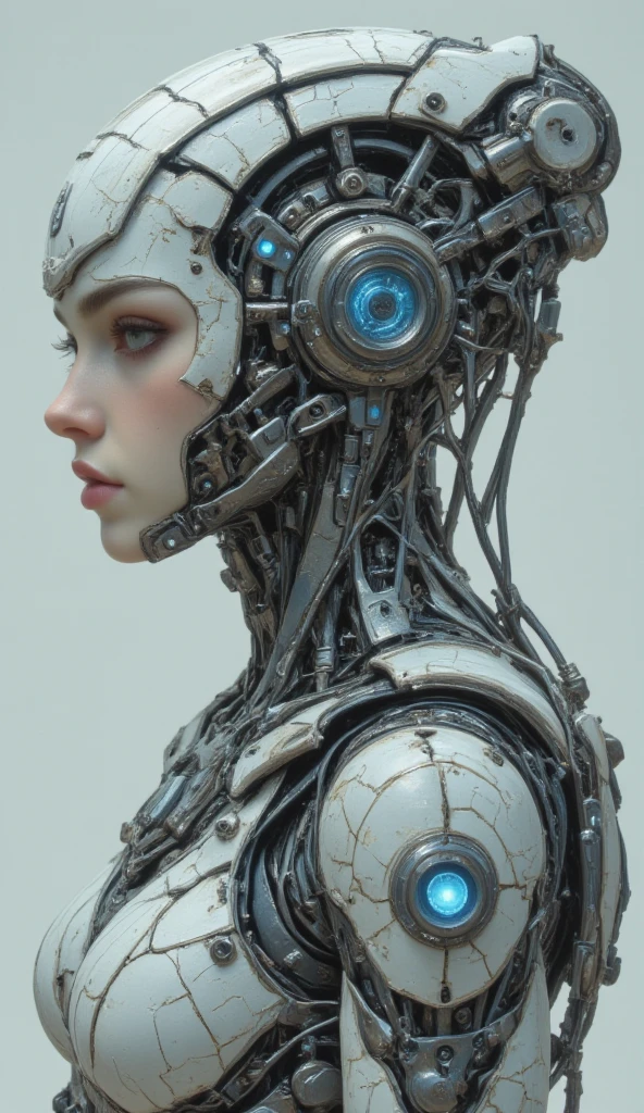 Top Quality, Masterpiece, Ultra High Resolution, ((Photorealistic: 1.4), Raw Photo, 1 cyberpunk android Girl, ((portrait)), Glossy Skin, (Ultra Realistic Details)), transparent plastic covering mechanical limbs, tubes connected to the mechanical parts, mechanical vertebrae attached to the spine, mechanical cervical attachment to the neck, wires and cables connecting to the head, Evangelion, ((Ghost in the Shell)), small glowing LED lamps, global lighting, deep shadows, Octane Rendering, 8K, Ultra Sharp, Metal, Intricate Ornament Details, baroque details, Very intricate details, realistic light, CGSoation trend, facing the camera, neon details, (android manufactory in background), art by H.R. Giger and Alphonse Mucha.