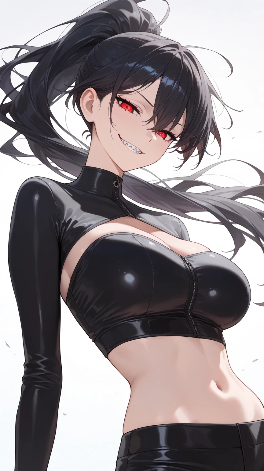 masterpiece, zoom out, score_9, score_8_up, score_7_up, portrait, 1 girl, alone, black hair, long hair, long split bangs, red eyes, black sclera, small smile), evil, parted lips, expressionless, big breasts, top , Basic dress with straps and V-neckline, black bottom, best quality, long split bangs.