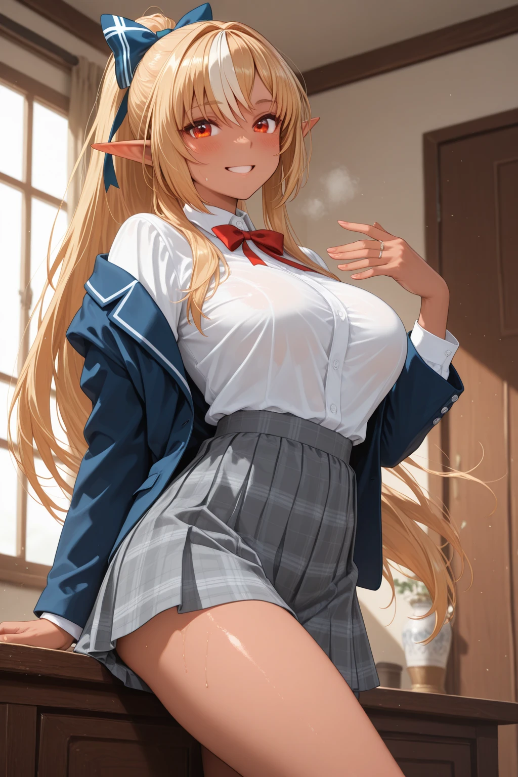 masterpiece, highest quality, High resolution, Kitagawa Marin, 1 girl, blonde hair, long hair, colorful hair, red eyes, jewelry, earrings, earrings, white shirt, tide shirt, black choker, blue tie, plaid skirt, Are standing, ((Black lace panties)), spread your legs,((Unbutton your shirt, I can see the bra)), locker room