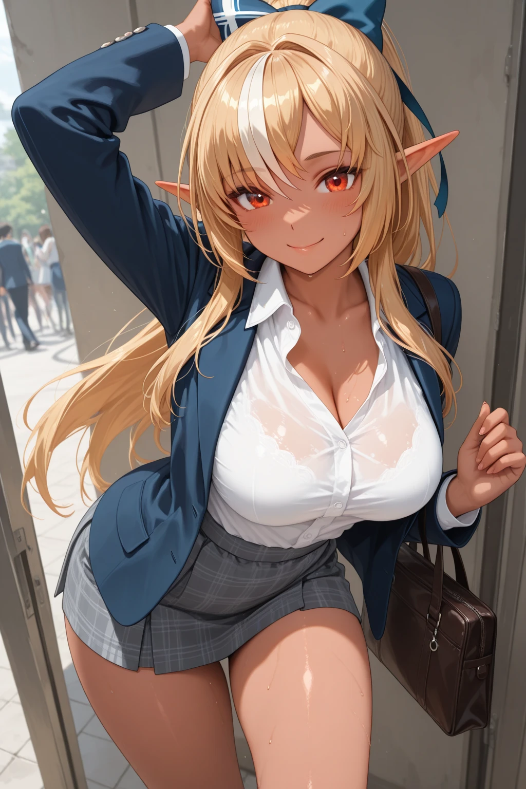 japanese cartoon movies. cover magazine. upper body. reply. Casual clothing. Elf woman with long platinum blonde hair in pigtails and turquoise eyes. Her ears are long and pointed, typical of an elf.. she wears Modern clothes of the current era. She has a big chest and gives off the aura of a mature career woman... Modern clothes. laugh. A modern sweater or blazer or jacket. upper body, reply potrait. mom