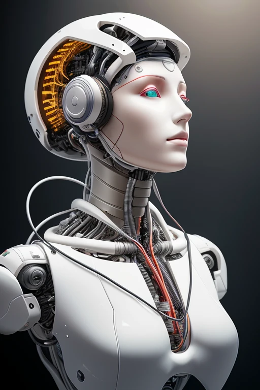 electronic system on head humanoid |cyborg woman| with a visible detailed brain| with a visible detailed heart| muscles cable wires| biopunk| cybernetic| cyberpunk| white marble bust| canon m50| 100mm| sharp focus| smooth| hyperrealism| highly detailed| intricate details| carved by michelangelo