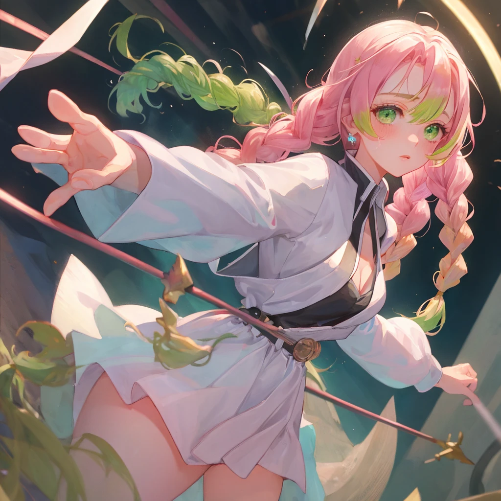 majo, (melhor qualidade, obra-prima, super detalhado: 1.5), perfect lighting,1 girl, onli 1 girl In the distance, corpo inteiro, foco no rosto, 1 girl, Mitsuri (Demon Slayer), menina bonita, Sympathetic face ((Mitsuri (Demon Slayer))), a girl with long pink-green gradient hair and green eyes, exposta, calcinha aparecendo, bunda empinada, bunda pro alto, ((( bunda aparecendo)))