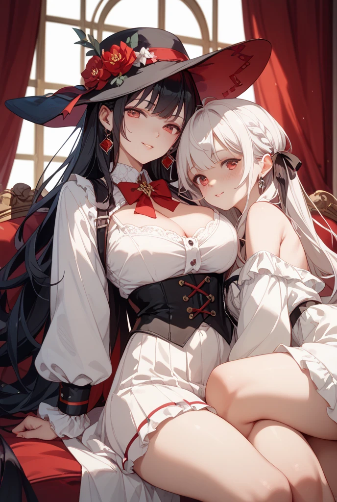Full body photo of two beautiful petite sexy women,Long white hair,red color eyes, Hugging woman, Village, Country house, indoor, Playful, lecherous, Friendly,White thongs are exposed,highest quality