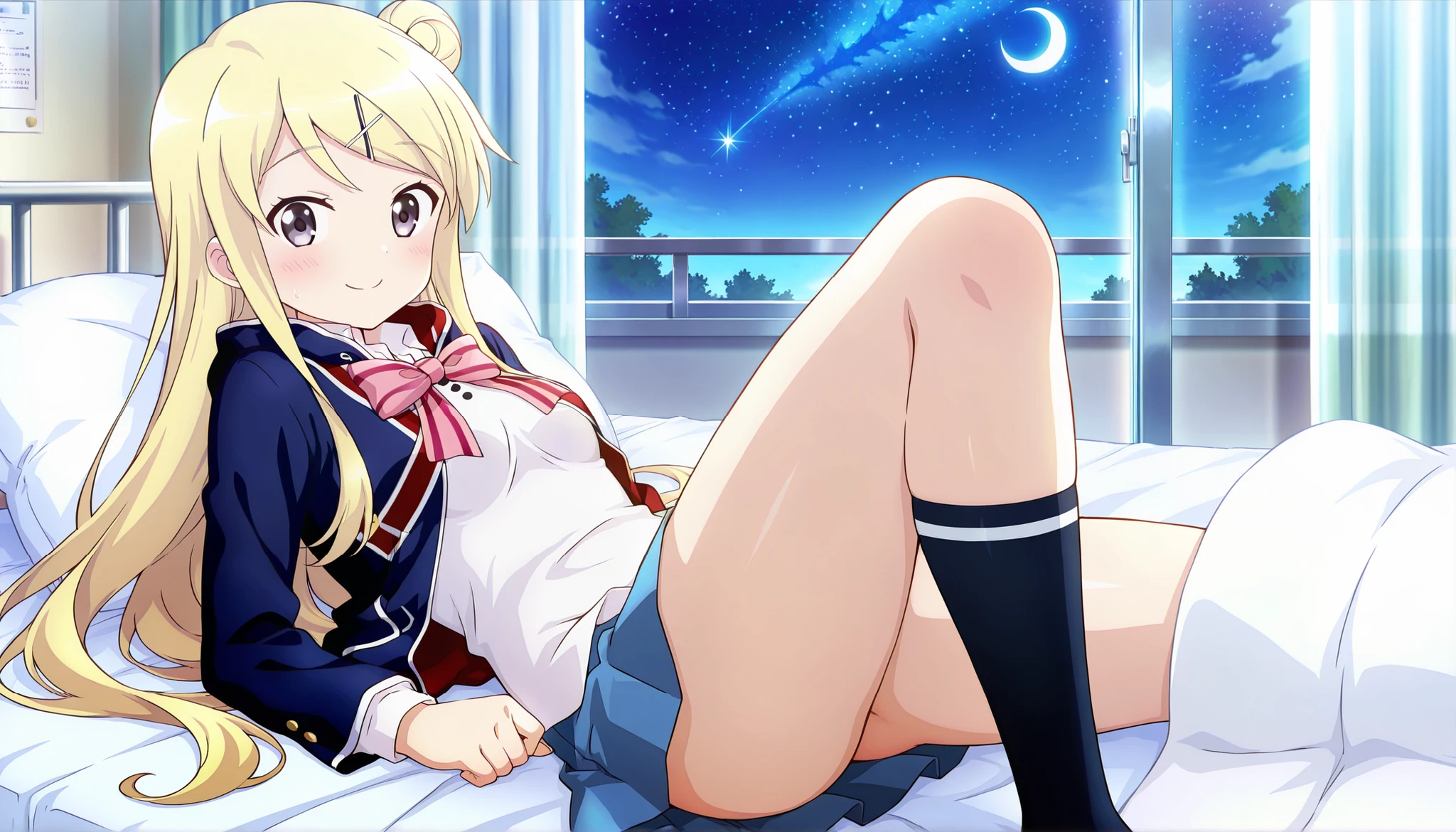 1girl , unwellness(autonomic nervous system disorder and depression) smile thick thighs Kujou Karen very long hair , blonde hair , single hair bun , hairclip , x hair ornament , sidelocks , side swept bangs , black eyes , white shirt , collared shirt , union jacket , pink bowtie , neck ribbon , pink ribbon , long sleeves , small breasts , miniskirt , blue skirt , black socks ,thick thighs, smile,crescent moon, stars (sky),looking at viewer,Infirmary,bed,knee up,lying on a futon