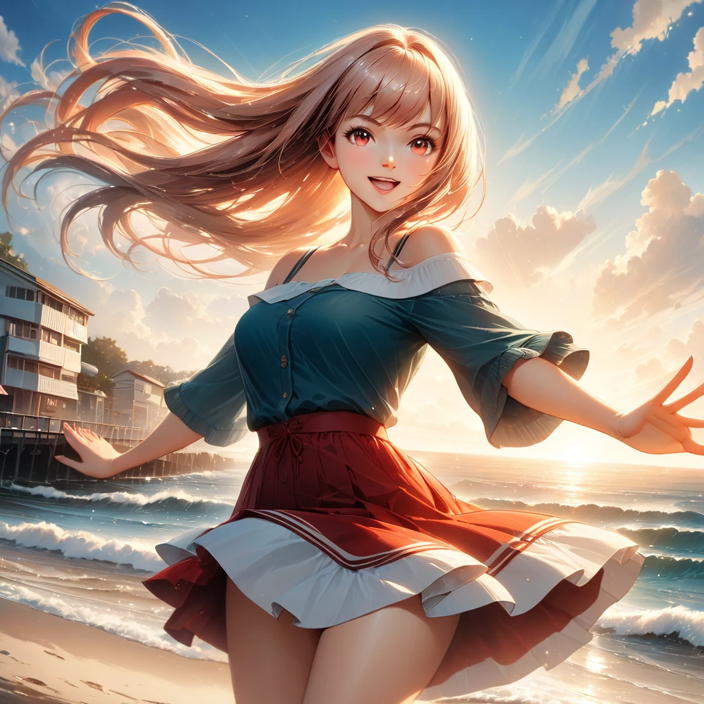 (best quality,4k,8k,highres,masterpiece:1.2),ultra-detailed,(realistic,photorealistic,photo-realistic:1.37),woman falling and smiling,girl's joyful expression,detailed facial features,long flowing hair flowing in the wind,warm and vibrant colors,soft ray of sunlight illuminating the scene,motion blur emphasizing rapid movement,ethereal atmosphere,portraits,joyful energy,capturing the essence of a carefree moment,beautifully painted artistry,colorful palette,harmonious composition,loose brushstrokes,impressionistic style,peaceful and dreamy background,graceful posture,delicate dress,artistic genius, dynamic emotions,masterfully depicted,surrealistic elements,blissful expression,effortless elegance,dazzling details,visual poetry,sparkling personality,expressive eyes,fleeting sense of freedom,positive energy,magical atmosphere.