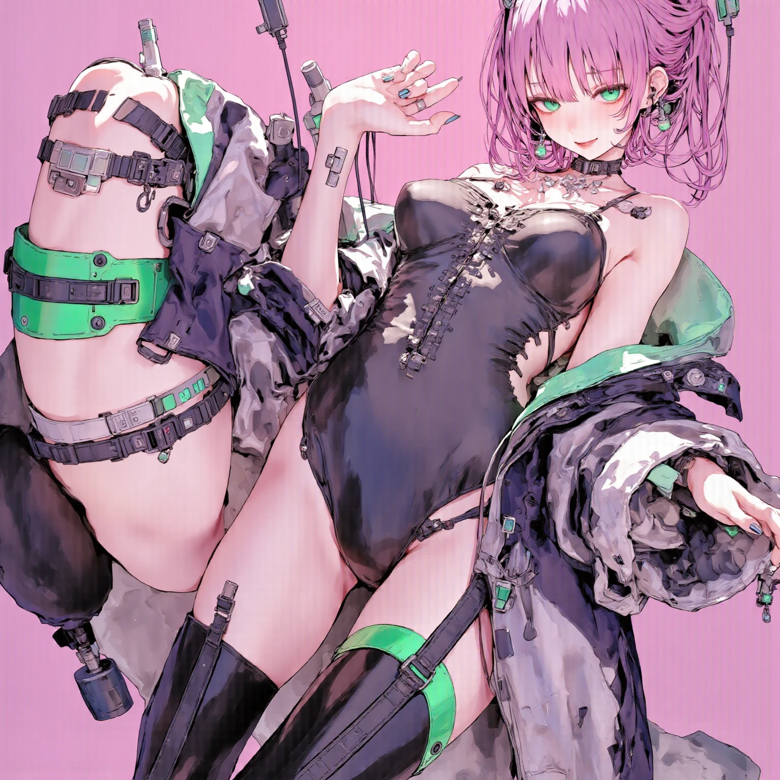 highest quality, clear and well-groomed face, Clear, bright and shining eyes, long eyelashes, punk girl, earrings, body tattoo, Navel exposed, Obscene lines, toned abdomen, super mini skirt, belt, sit, lift your legs, Open your legs to show your pants, Underbust visible, stick out tongue, erotic expression, heart in the eyes,