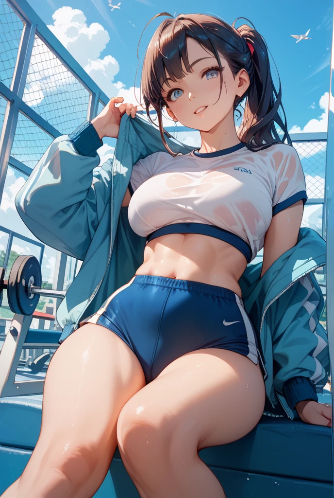 medium hair，brown hair，blue eyes，irritated face，(chest comes out)，highest quality，High resolution，unity 8k wallpaper, (shape:0.8)， (beautiful and detailed eyes:1.6)，detailed face，perfect lighting，Detailed CG, (perfect hands, perfect anatomy)，(big breasts)，young woman ，Gym suit，(white string panties)，(lift your shirt)，white bra，(NSFW)，raise one leg