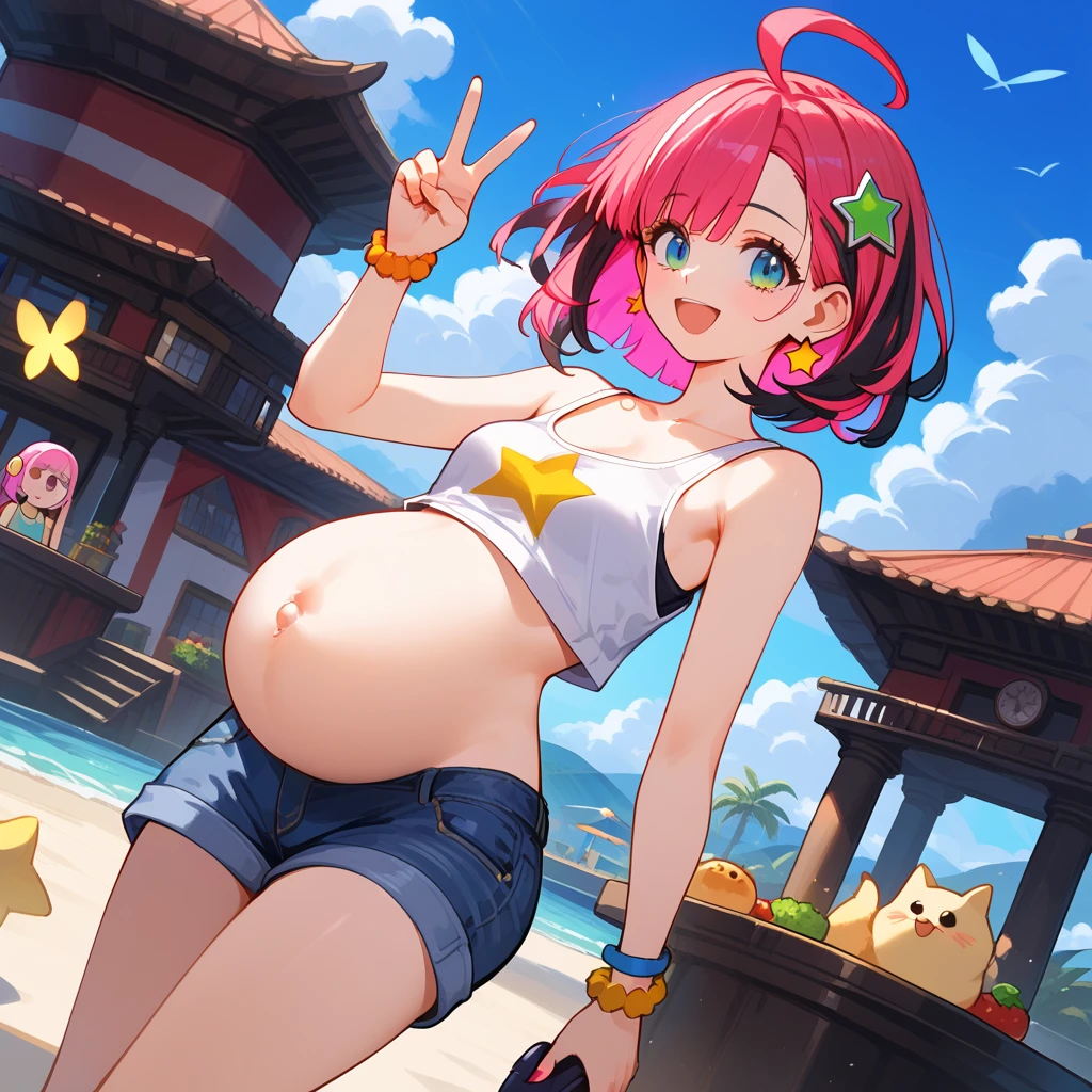 （tmasterpiece：1.2），Best quality at best，perfect anatomia，The is very detailed，
break
Cute girl，shiny skins，light  smile，独奏，short detailed hair，
adorable big eyes，adorable eyes，（red eyes：1.4），（Black hair：1.4），
sunder，pregnant belly，Pregnant belly
Sport shirt，sweat shorts，
break
school，running track，
break
Look at the audience，Character Spotlight，evilsmile，run，
sunder