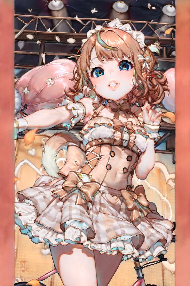 dramatic compositions, Dress in court style, royal, Gorgeous, カスケードfrilld, frilld, the bow, crystal chandeliers, Roman curly hairstyles, ponet, Double ponytail like a drill, Look at the camera, Bangs, maximalism, palace background, Delicate depiction of hair and eyes, Princess Dresses, Gorgeous skirts, Flowers in hand, Smiles, Starry eyes, Cinematic Light, Extreme Detail, High Definition, happy girl, Very long hair, Diamonds, broken Diamonds, Junction Tip, light Particle