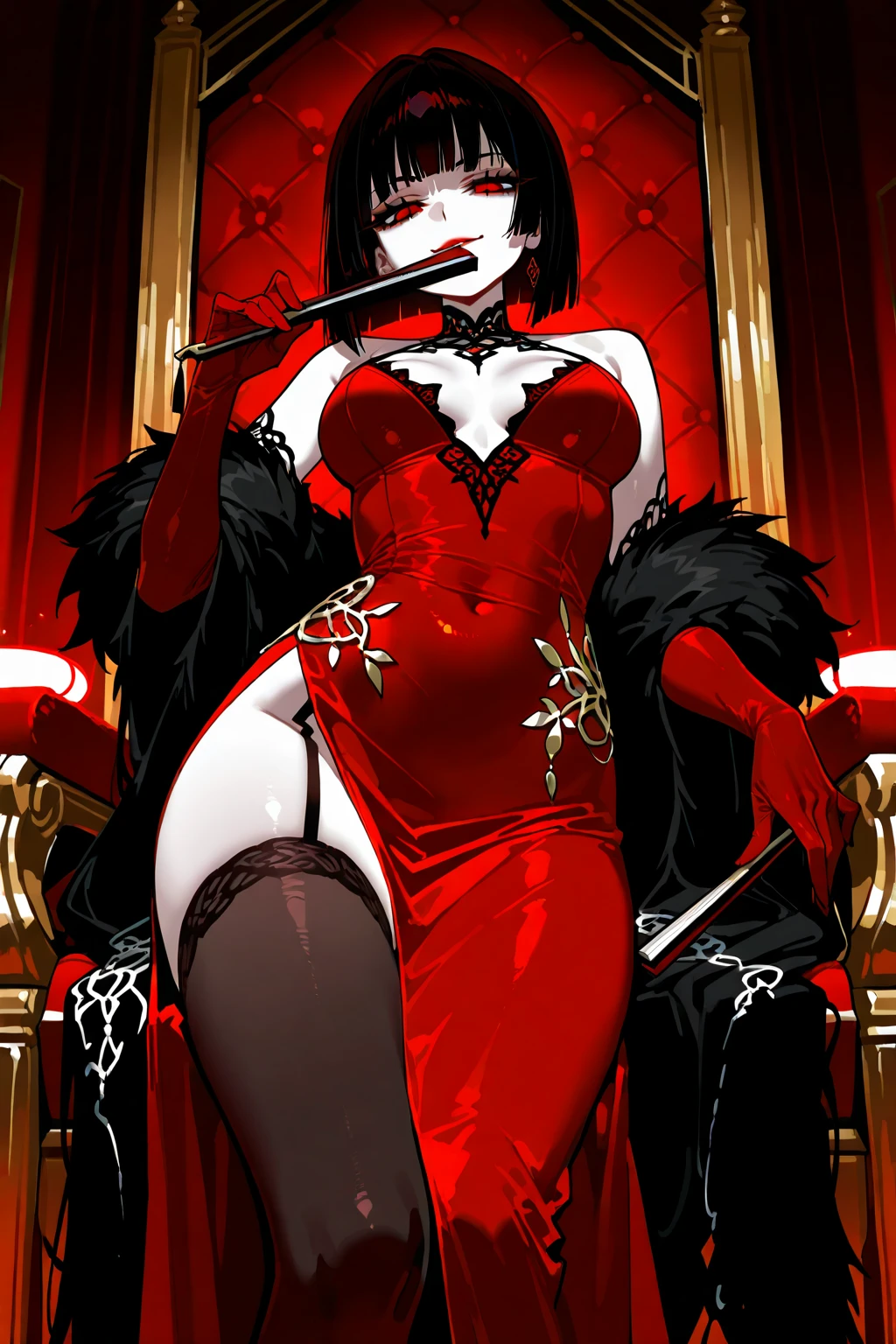 very low camera angle on the floor looking up , low angle, view from the bottom ,Capture the essence of dark allure and devilish elegance in a breathtaking masterpiece of anime art. Entre no mundo de Charlie Morning Star, a seductive villain dressed in red lingerie, adorned with horns and long fangs , and sporting a demon tail. with an imposing presence, She looks at the viewer, exuding an aura of sinister charm. Your bare feet, delicately painted with black enamel, extend with a tempting grace, embodying the essence of evil princesses and demonic goddesses. This luxurious scene unfolds in the opulent confines of a high-end hotel room, where Charlie is sitting on the edge of the bed, your feet slowly raised, inviting admiration. Through meticulously detailed 4K rendering, every aspect of this demonic sorceress, from her sensual pose to the intricate details of her feet, comes to life with incomparable artistry. Experience the allure of the supernatural in a mesmerizing composition that elevates the succubus archetype to new heights, drawing viewers in with a mesmerizing mix of beauty and danger."