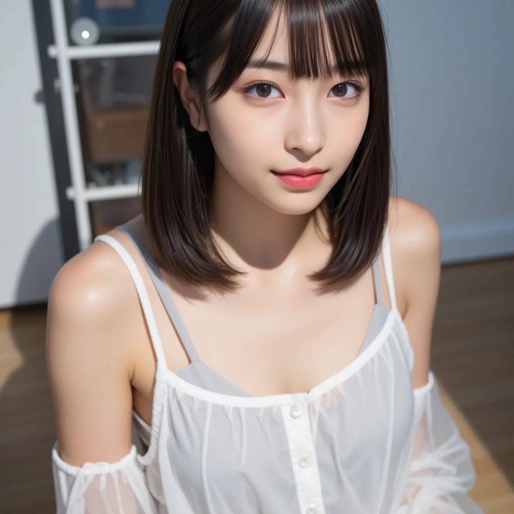 12 years old, (japanese Famous idol:1.4) (1cute girl:1.4) (very young face:1.4) best quality, face focus, soft light, ultra high res, (photorealistic:1.4), RAW photo, 1japanese girl, solo, cute, (pupil, lights in the eyes), detailed cute face, (small chest),(high resolution detail of human skin texture), Damask Shirt Dress, (portrait)