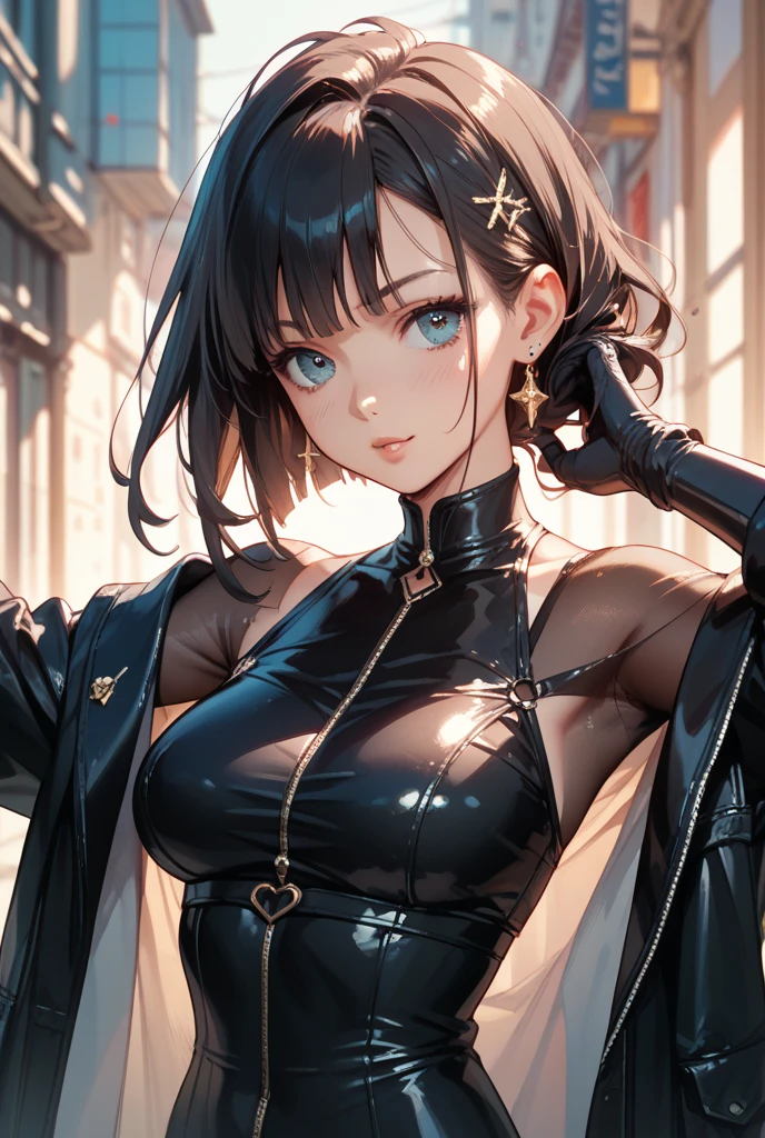 ((Biologically correct limb count))、((Full Body Shot, Full-body photo including face、Head to toe photos))、4K、masterpiece、((Focus on the face))、((Symmetrical facial features))、Eyes of meticulous depiction、Beautiful woman、Excellent style、Beautiful feet、(Black Stockings、High heels with anklets)、Detailed depiction of the face、Small earrings、necklace、((Close-up photo of the upper body))、(Latex blazer、Latex skirt)、Scenery of the old castle、(Low - Angle)、(smile)、((Thick morning fog all around)、I can't see anything around me)、