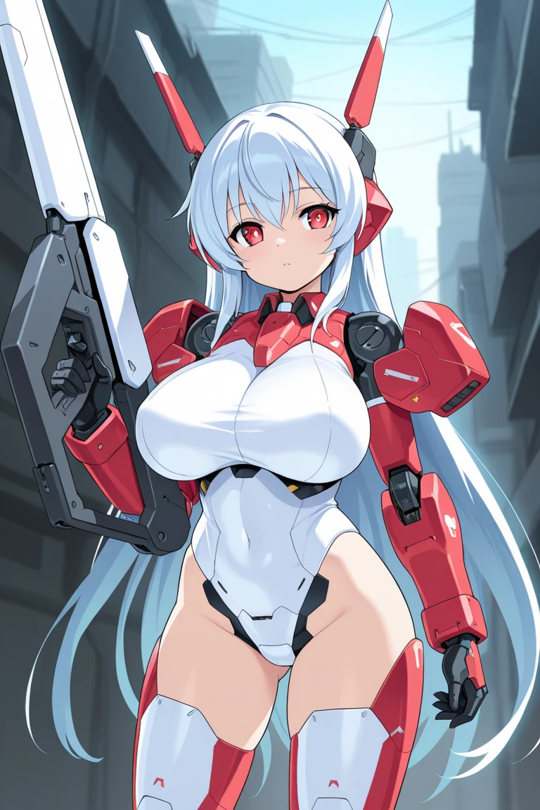 Excellent，work of art，centred, high resolution，highest quallity，hiper HD，very detailled，awardwinning，16K，standing alone，（trunk），anatomical correct，Cute cyberpunk girl，upper body photos、cute face，，blond、long hair、twin tails、braid, thin line，（（scarlet eyes）），long eyelashes，drooping eyelids，Caucasian skin，((shoot head on:1.5)), ((skintight:1.5)), Top of the clock、rocket ship , (breasts big),