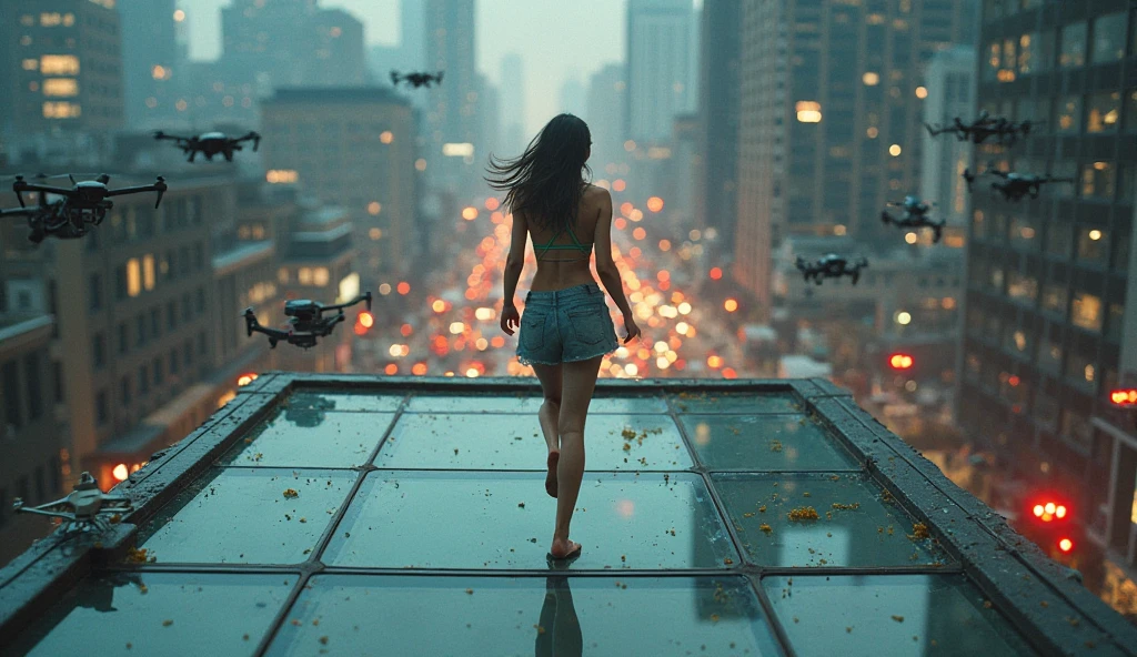 Giant Brazilian woman in free fall from a transparent space building, warm colors, luminescent leds,
