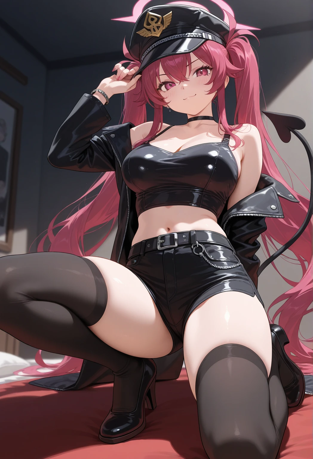 Gal girl, white skin, pink twintail hair, white strapless top, high waisted sleeveless jacket, white collar, heart shaped collar, black armbands, black stockings, jeans. Black shorts, sitting on a sofa, legs crossed, sexy poses, 1 girl, alone, best quality, expressive eyes, perfect face, วิกhairบ๊อบ, medium sized breast, choker, Assorted colors_hair, brown eyes, mature woman, milf, (black hair:1.4, red hair ends),indifferent face, SFM, Eyebrow piercing, Ear piercing, navel, Hanging chest, Take the whole body, discuss, fishnet stockings, put on makeup, Dark lipstick, black short jacket, pleated skirt, black nails, white background, Waist opening, (Perfect symmetrical body), ((Black cropped shirt )), side view