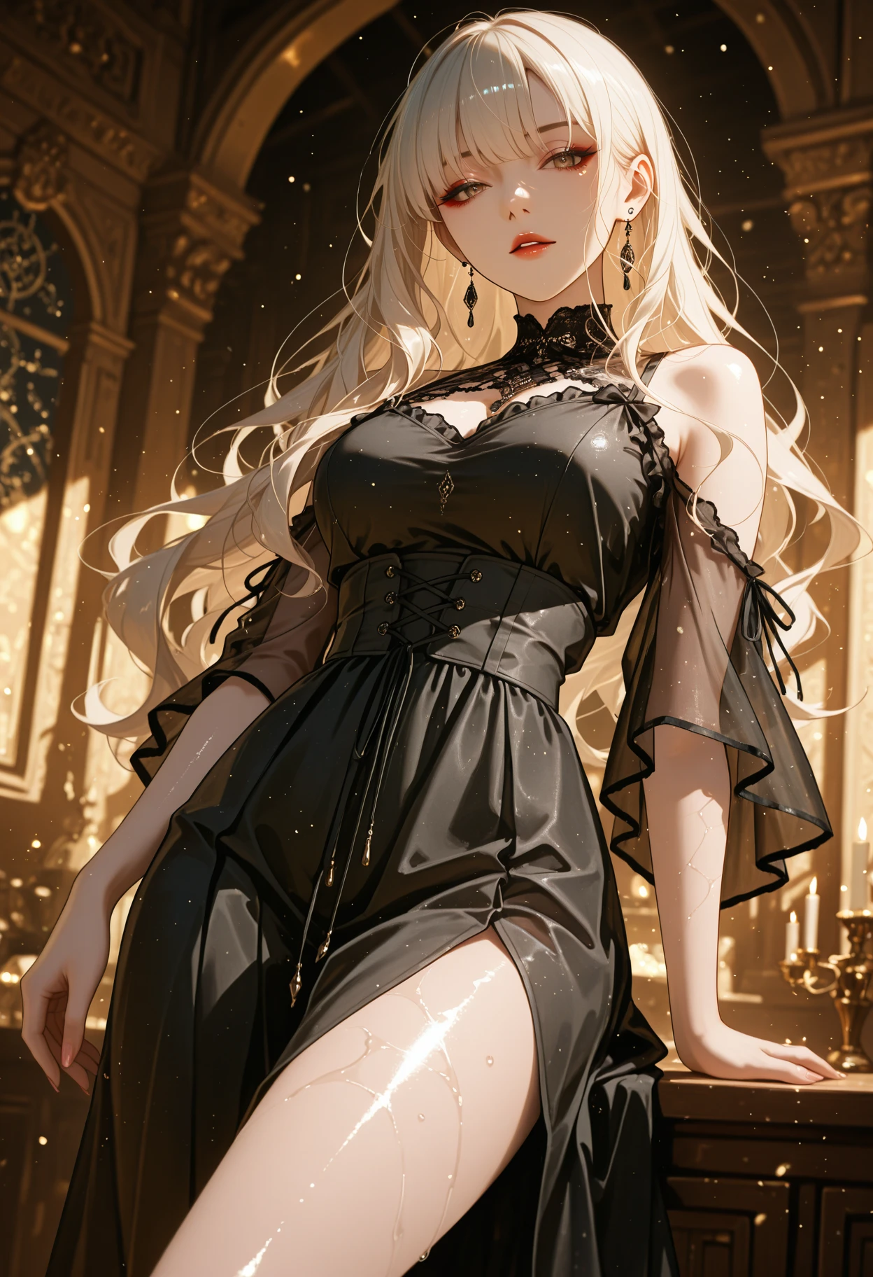 1girl, 30 years old, chinese maid, old chinese dress, black dress, off-the-shoulder, blonde hair, long hair, blonde, blue eyes, black pantyhose, sexy, seductive