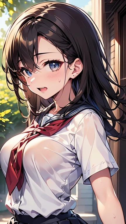 Sister, wearing school uniform, wet and bra see-through, 8K, Best quality, 14 years old, looking at camera, red cheeks, embarrassed, delicate hands, own room, I like my brother, I put my brother's hand on my chest