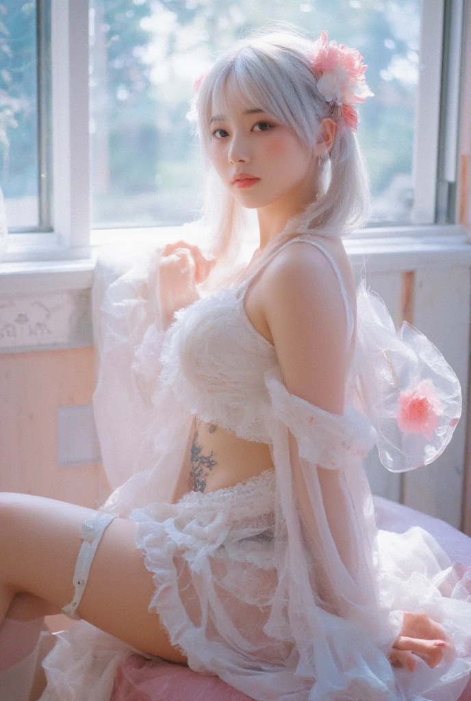 1girl,silver hair,japanese clothes,white thighhighs,detached sleeves, hair ornament, Beauty, beautiful女人，Have a perfect body：1.4，Layered Hairstyle，((Big breasts)), ((D cup)), Visible cleavage，Bare shoulders, Highly detailed face and skin texture，Double eyelids，Skin Whitening，Long hair，Whitening long legs，Standing by the sea, Fashion girl, Red lips, Sweet maiden, beautiful妆容, detail, lifelike, Very detailed, amazing, beautiful, Young and energetic, high quality，High Definition, rich and colorful，Exquisite, Smooth skin, The skirt is short, Lift the skirt with your hands, Elegant and charming posture, Official Art, Extremely detailed, Movie atmosphere, Soft colors, Natural skin texture,