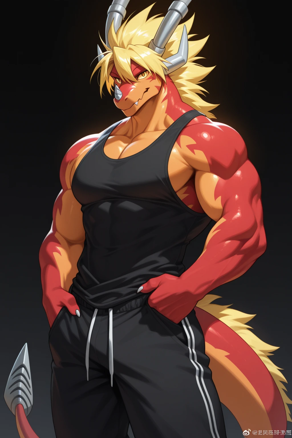 (anime style art,)extremely masculine muscular character,muscular,bodybuilder, huge bulge, smirk, erotic, catboy, feline ears and tail high fashion, runway, catwalk