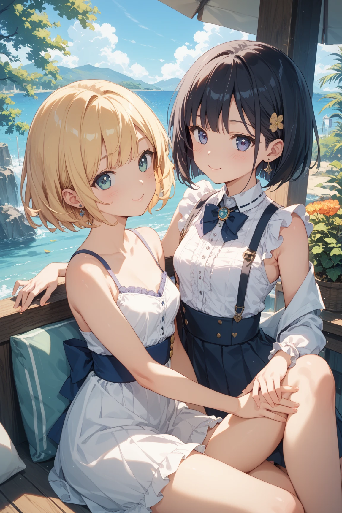 Illustration of a character with white hair, blue eyes, and wearing round sunglasses. They are dressed in a dark outfit, surrounded by blue and black butterflies under a light rain. The character is sitting with one arm resting on their knee and the other hand touching the ground.