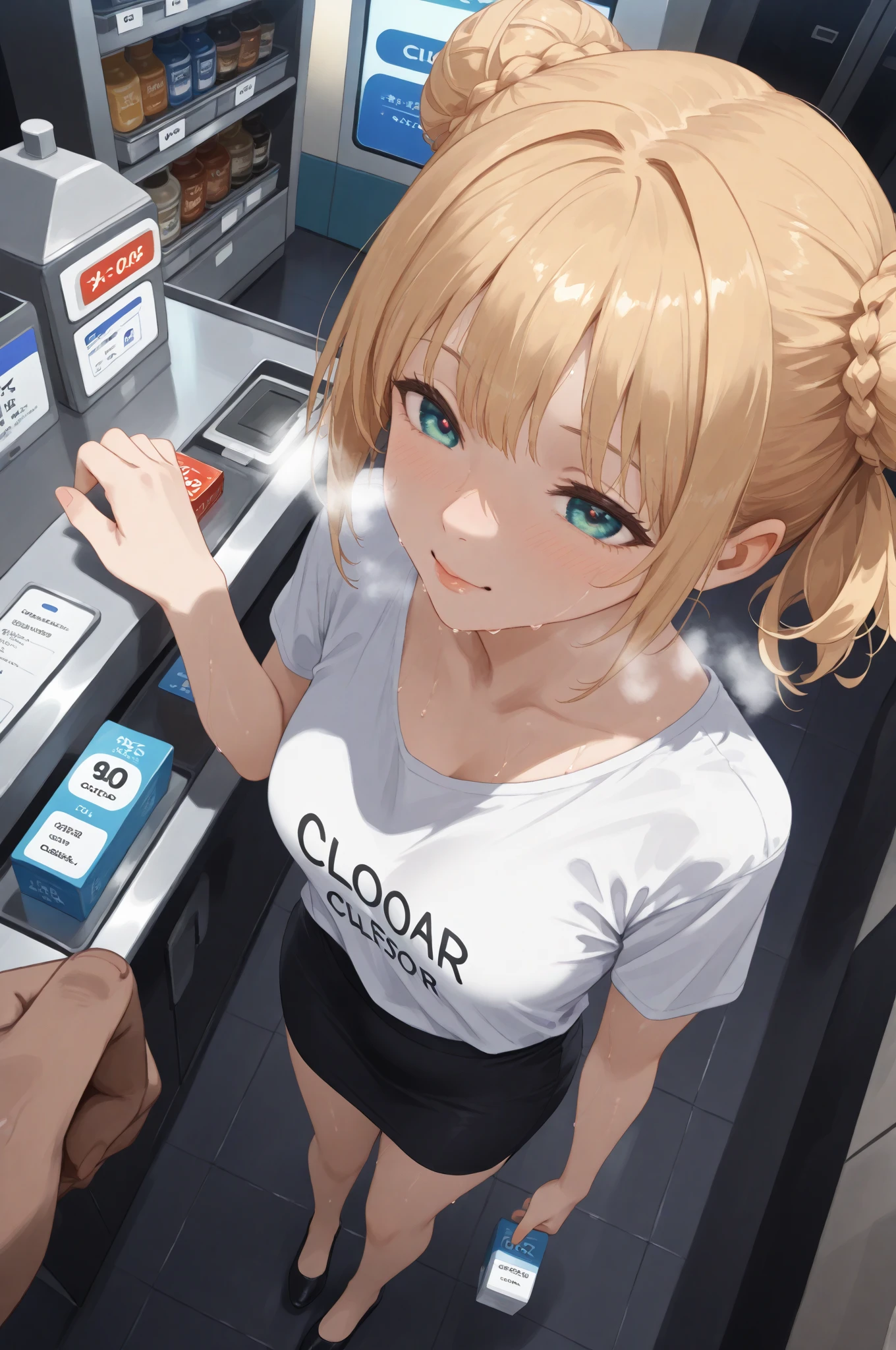 masterpiece、best quality、detailed、1 female、18-year-old、blue eyes、blonde、black skin、((oil skin))、shiny skin、short hair、A girl wearing an off-shoulder oversized plain pink T-shirt、Seductive thighs、big breasts、big breasts、high socks, POV, woman standing at cash register、A woman who went shopping、Watery eye、((blush、full of embarrassment)), upward glance、A woman buying condoms in front of the cashier counter at a convenience store、Box of condoms on the cash register counter、((steam,sweat)),
