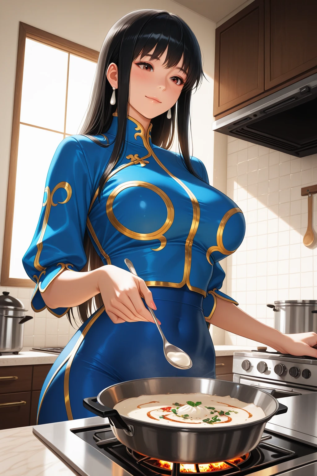 (Mature Woman:1.5), (mother:1.5), Ishtar, Fate Grand Order, (Absurd, 8k, 4K, Tabletop, Extremely detailed:1.2), highest quality, Perfect ???????,Perfect Face, High humidity, (alone:1.2), (Sweaty:1.3), shortness of breath, High humidity, humid, (Black Hair:1.1), Red eyes, Looking into the camera, (Very large breasts:1.5), Light clothing, apron, (kitchen;1.1), (Having a conversation:1.2), (Speech bubble:1.1), A kind smile, relief, peace of mind, mother性, Cooking, have a ladle, pot, pot-au-feu, Gentle look, nsfw