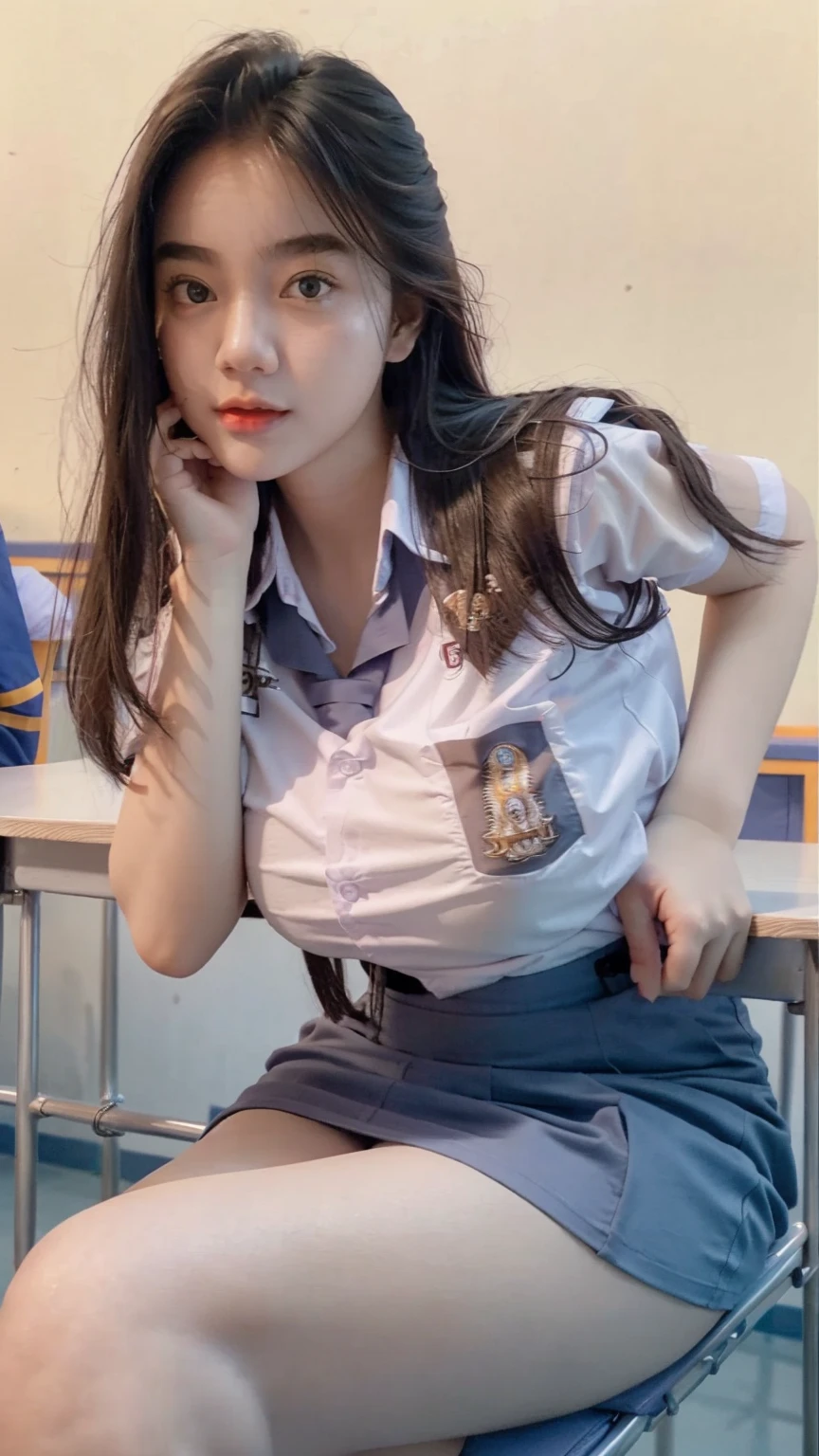 RAW, Best quality, high resolution, masterpiece: 1.3), Beautiful girl, seductive pose, showing breast, open legs showing vagina, sensual body, on a top of table of class room,  ((senior high school clothes)), open shirt only, mini skirt, orgasm, highres, 4k, HDR, 1girl, photorealistic, realistic, small breasts, ((whole body)) turning away facial at viewer, closeup, class-room, misty,