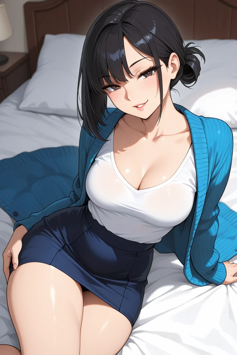 ((masterpiece)), ((best quality)), (ultra-detailed), ((extremely detailed)), 4K, (8K), best quality, ((perfect anatomy)), ((((beautiful detailed eyes)))), (((world-class quality))), photorealistic, extremely detailed, high resolution, (detailed shaded pretty face), (((house wife))), solo, (((sagging breasts))), (((wearing oversized_sweater)), glowing detailed skin and hair, white-skinned, (((glistening skin))), huge ass, kasumi iwato, potbelly, baby face, (half updo),, , stylish pose, curvy, smile, cleavage, bare foot, straddling , sit astride, spread legs