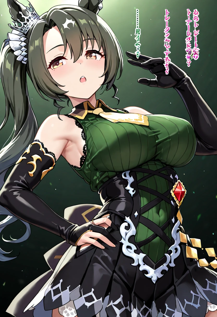 ((masterpiece)), ((Highest quality)), ((High resolution)), ((In detail)),((Highest quality, 8k, masterpiece)) Please draw a beautiful black-haired woman。Green Eyes、Short black hair with a center part、She is wearing a long green dress that barely reveals anything.。She is smiling kindly, facing forward and speaking into a tabletop microphone.。
