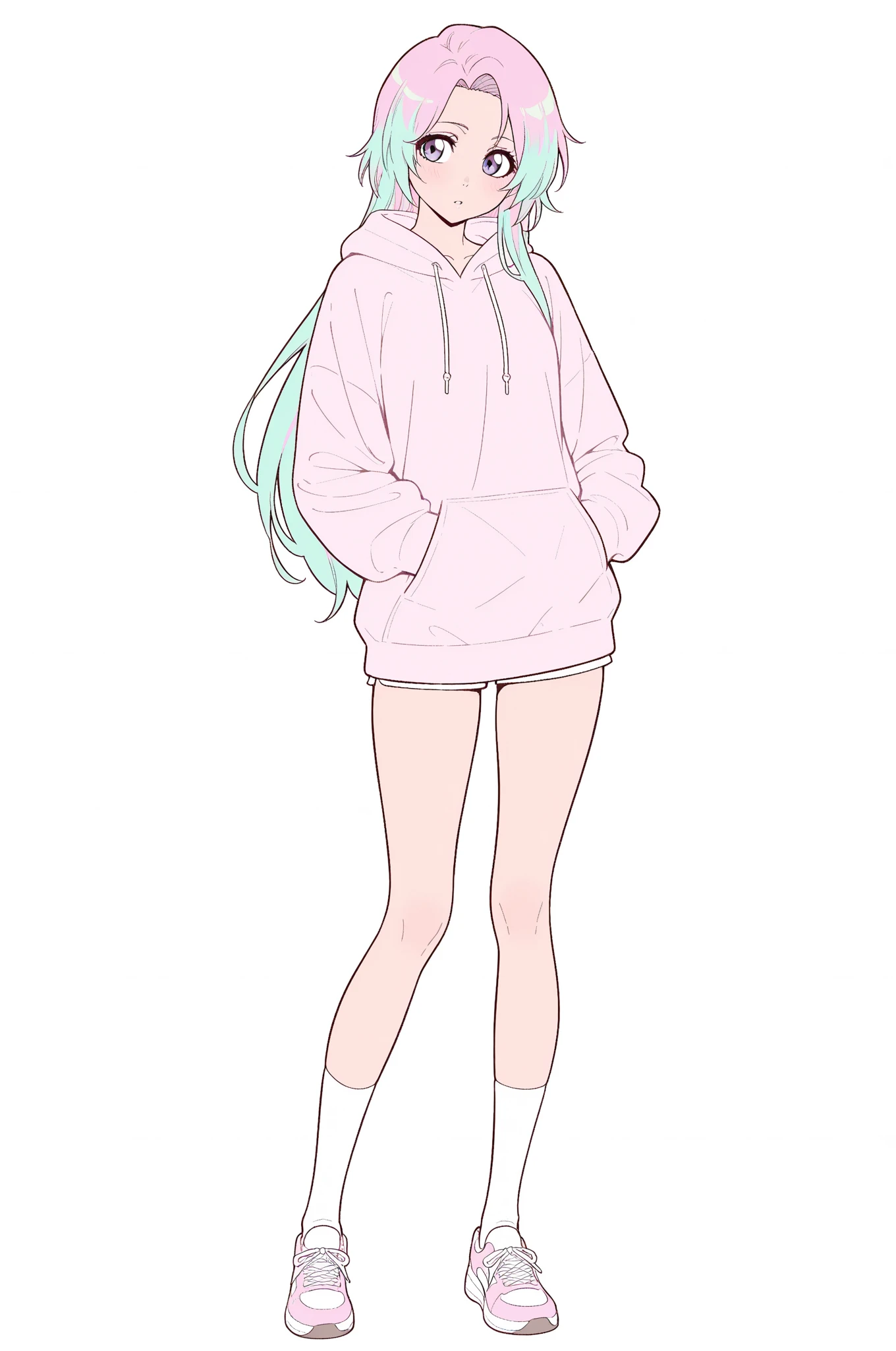 (((Long Pink hair))),Pink hair,kawai,(((Eyes visible from bangs,hair over eyes:1.3))),,Huge breasts,(purple color eyes),,(purple slanted eyes),1girl in,bangs,long White hair, pantyhose,Cowboy Shot,white background,Straight hair hair,(On both sides of the head has sharp black devil horns) ((head bowed pose)) Ter's hair flows straight down, has two sharp black horns (slant purple eyes) (((wearing a perfect white shirt))) white shirt sleeves should be folded to the elbows((Not wearing any pants, half naked, sensitive parts covered with a long, loose white shirt down to the middle of the thigh, perfect white shirt,((Long slim bare legs (sexy body) Bare thighs without wearing any socks, The character's body is visible from head to ankle, ((Tall slim perfect body)) (Don't wear any trousers, just wear a white shirt) full body full body full body full body (Full body image) legs wearing a short white loose t-shirt, Perfect long toe legs kawai, Small black horn