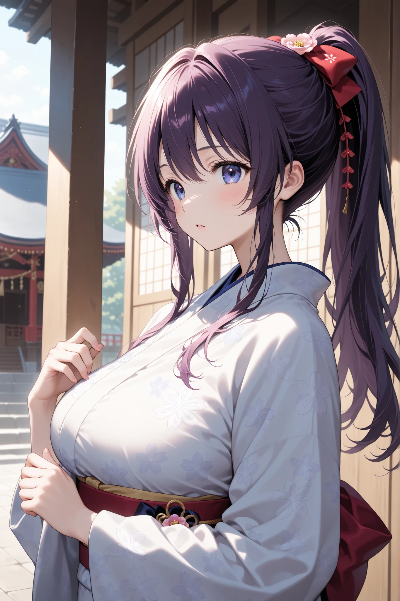 tss、Score 9、Score 8 up、Score 7 up、Score 6 up、Source Anime、、1 girl、Minamoto Yorimitsu（Fate）、kimono、kimono、Long Hair、Purple Hair、solo、Purple Eyes、Cleavage、分けたbangs、cherry blossoms、cup、Very long hair、cup、紫のkimono、Big Breasts、bangs、smile、clavicle、blush、Sash、Staring at the audience、petal、Long hair tied low、Outdoor、Have、cupをHave、wood