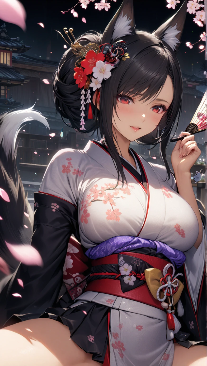 Masterpiece, high resolution, high quality, purple kimono, big breasts, cat ears, floral pattern, red eyes, NSFW, black hair, ponytail,