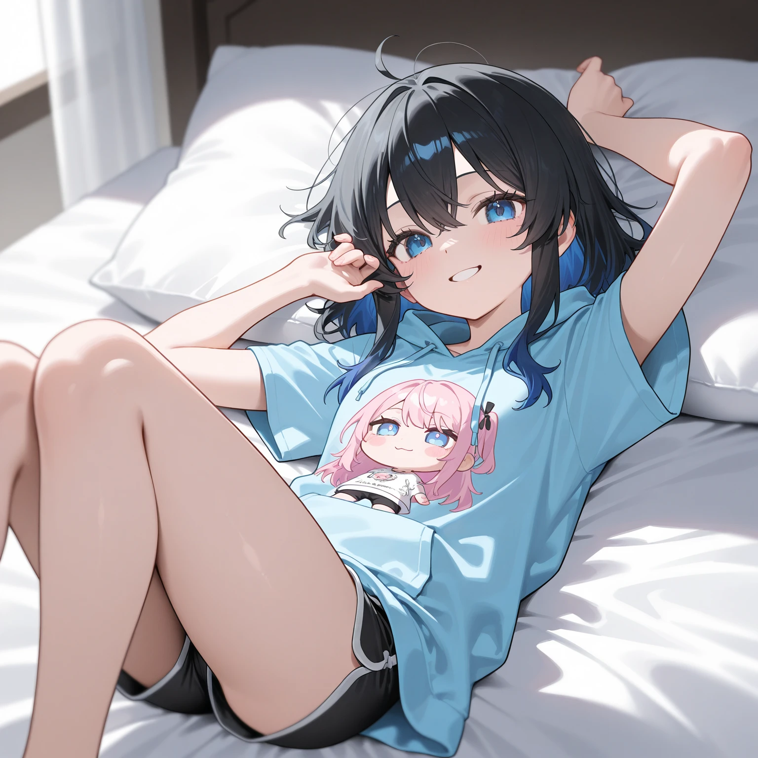 1loli,full bodyesbian,leisure wear,Fleshy legs,white stockings,Lie down in bed,Cute white background, (Speaking heart:1.4)