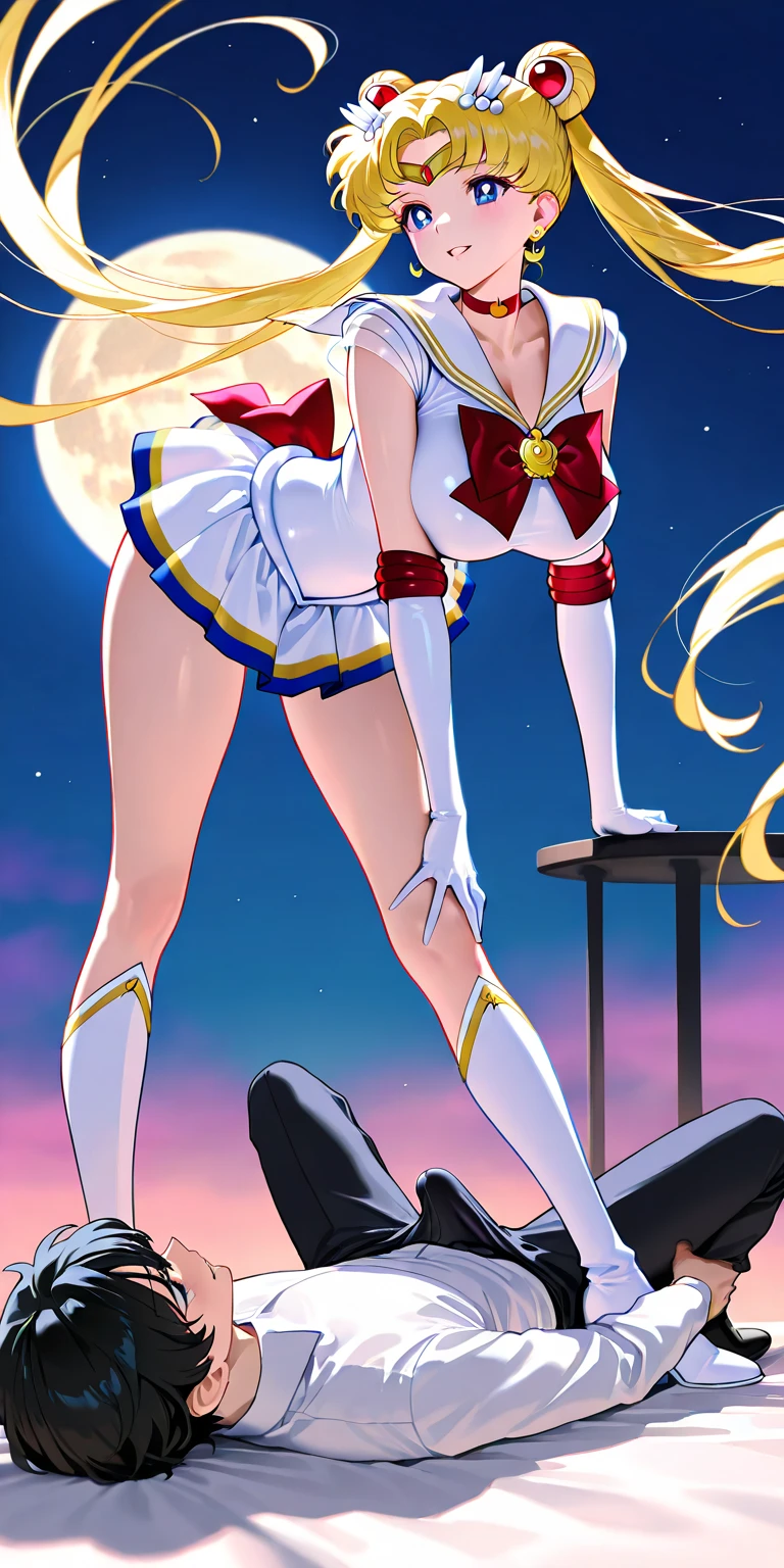 Obra maestra, Mejor calidad, absurdos, perfect anatomy, 1 chica, solo, Luna, 1990s \(Estilo\), rubia marinero luna, (little mom) de pie, sonrisa, tiro de vaquero, Uniforme Marinero Senshi, cuello marinero, Falda azul, Guantes de codo, en pose de espaldas, shows off his booty, Backward, sin tanga, big booty, ultra mini falda, (detallado:1.3), ultra high resolution, ultra detallado, Highly detallado face and skin texture, detallado eyes, double eyelids, dynamic light, (cara muy detallada) sentado con las piernas cruzadas, cruzando las piernas, show legs and booty, buen culo, muy sexy, Booty without thong