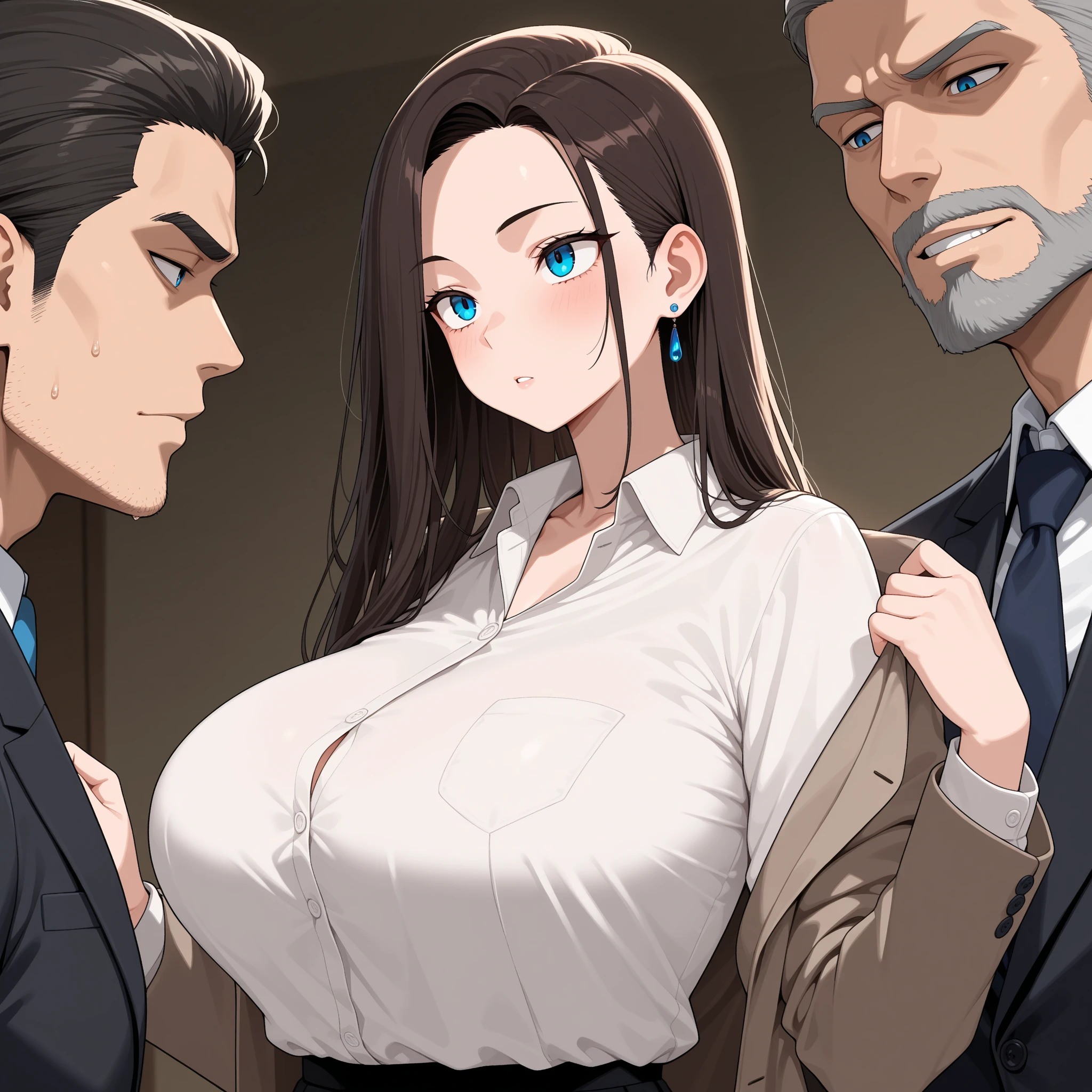 A beautiful woman, giant breast, white tshirt, thick long black hair, g string, train, groped, surrounded by men