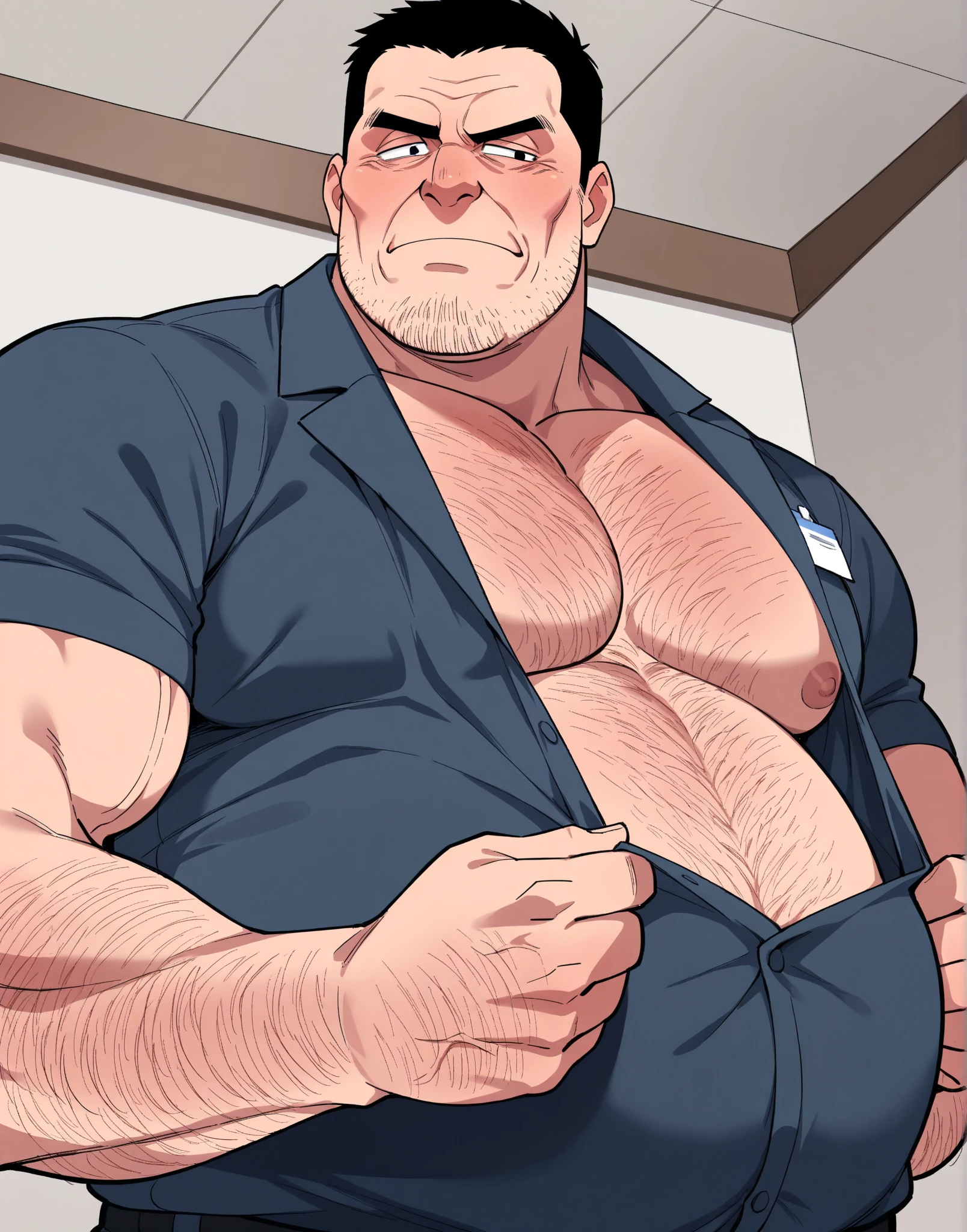 40 years old white Male, tall, giant body, handsome, dad bod, beefy, strong arms and legs, wide shoulders, a bit chubby muscle gut, a bit of fat but still very muscular, extremely hairy, short beard, wearing a black bathrobe with long sleeves, wearing a short black boxer brief, unrealistic oversized big bulge, barefoot, smirking, modern minimalist living room
