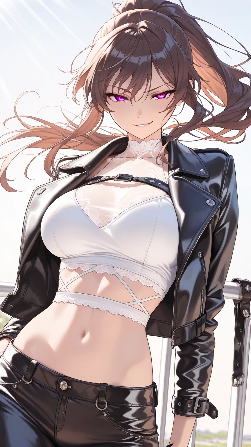 persona 5 art style、Persona 5 Style、Kasumi Yoshizawa、Yoko Asagiri、Full body like、high-level image quality、poneyTail、small tits 、Bangs ponytail、、Smooth thighs、Patsun、top-quality、The ultra -The high-definition、Fine eyes、Slender legs、Fine and beautiful eyes、a white bikini、stick out buttocks、a blond、