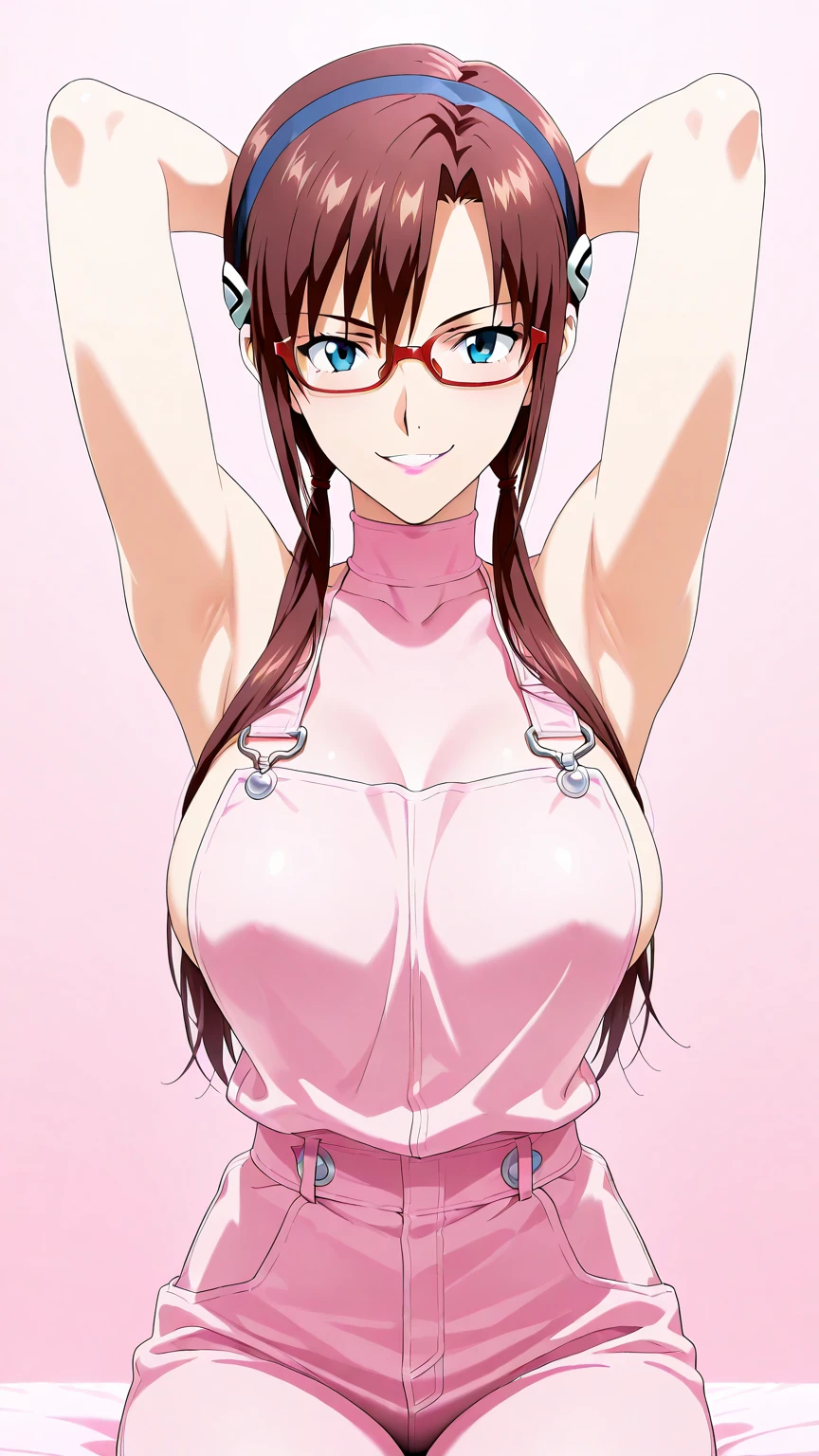 highest quality, High resolution,Anime Screen Capture, SF、three women、(green eyes,((Light pink sci-fi suit、pink armor、striped bikini、mini skirt、obesity))、(wide hips、wide ass)、nurse cap、belt、thigh boots ,(huge breasts:1.2), blush, (embarrassing), :d, Dark brown hair in a ponytail、(((put your hand on your chest)))、(Are standing)、((red rim glasses))、)city