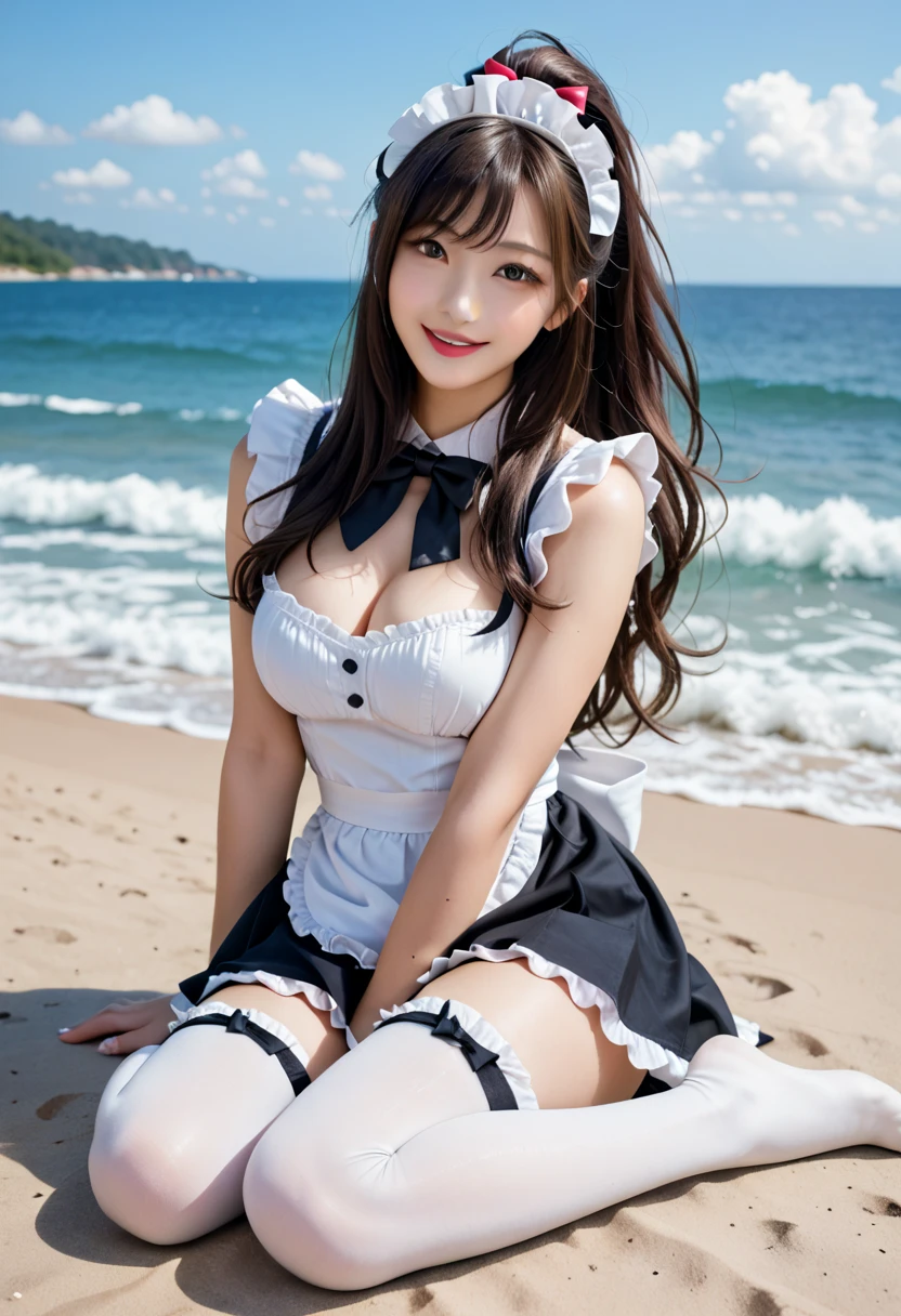 (Full body portrait:1.5)、17 years old、Slim and flat chested、smile、Smiling with teeth showing、Large Breasts、Highest quality,masterpiece,Ultra-high resolution,(Actual:1.4),Original photo,Ultra-high resolution，8k，There are also women，Gothic Lolita Uniform、Maid Costume Cosplay、Sandy beach scenery、With confidence, Beautiful and generous，Please lift your skirt and show me your underwear....、
