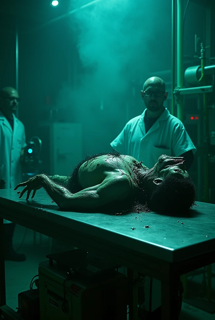 Grill meat at the morgue realistic photograph analog creepy ambient, zombie body