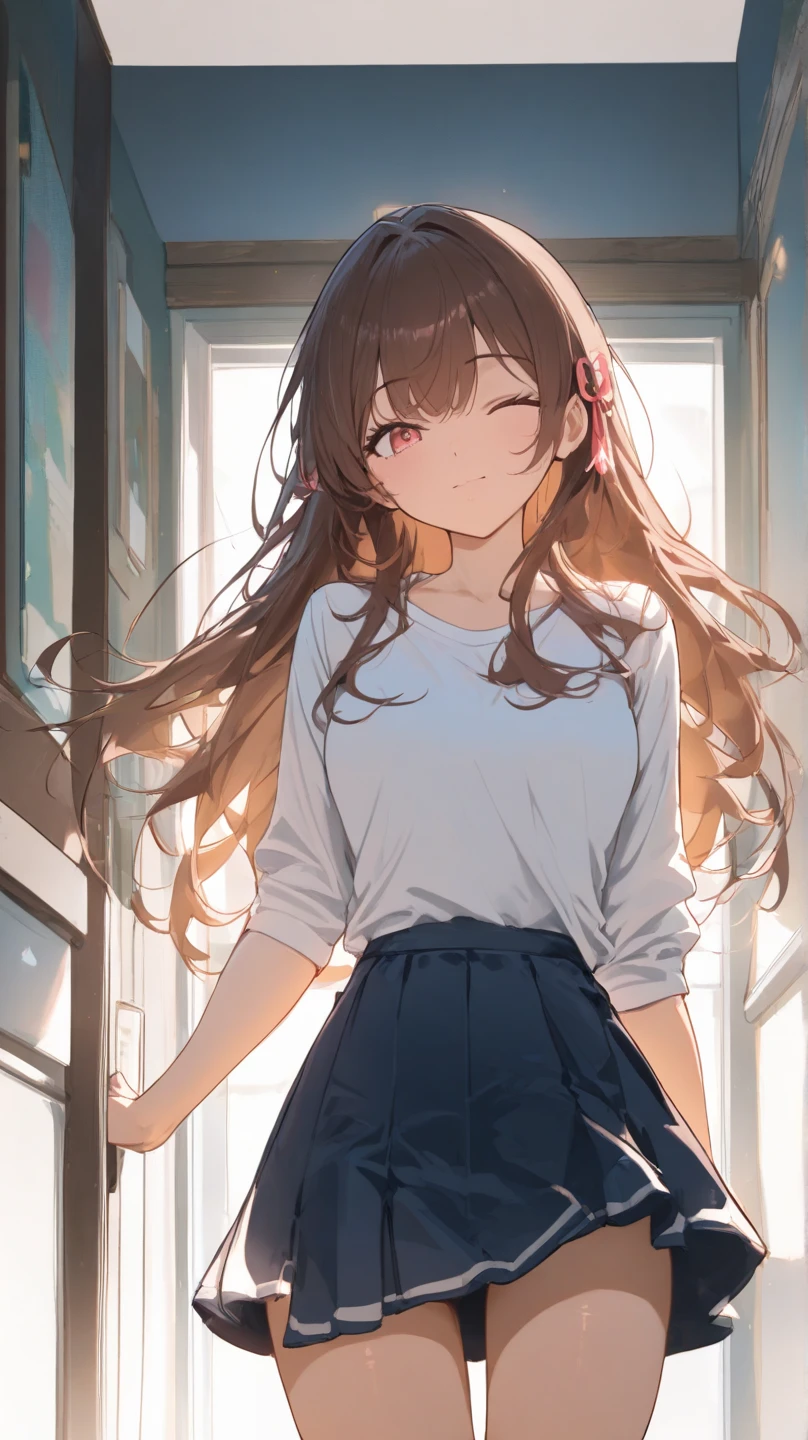 Room, 1 girl, best quality, ultra high res, long hair, brown hair, Brown eyes, pink shirt, short sleeves, white skirt, pleated skirt, miniskirt, bike shorts, bike shorts under skirt, looking at viewers, small breast, standing, pov, slim body,