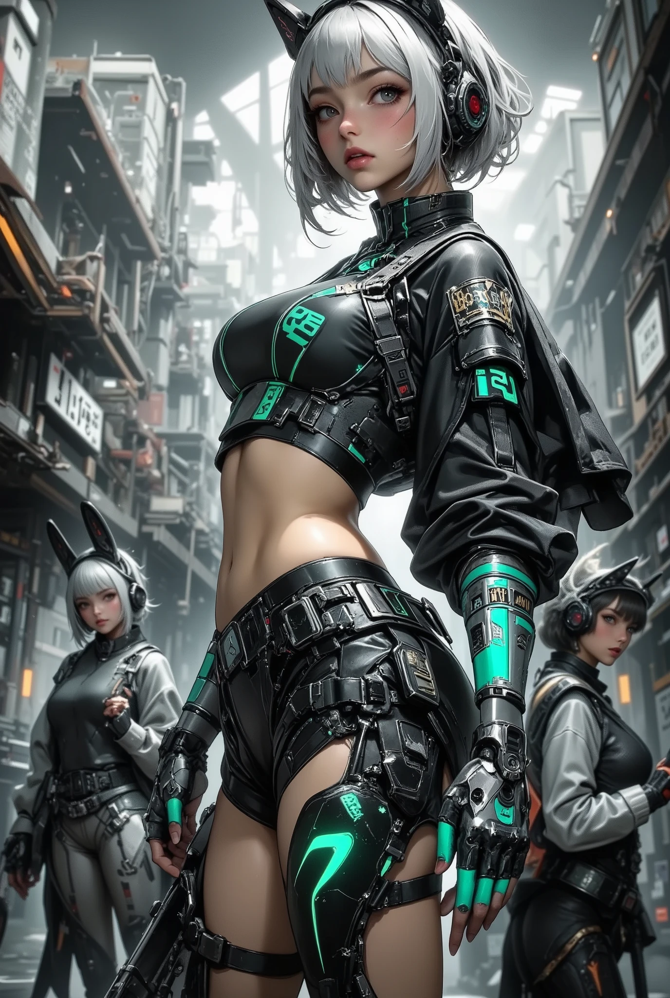 A cute cyberpunk gangster boss girl in the style of a dystopia, possessing a kawaii and at the same time frightening appearance, smiling condescendingly at the viewer. She has advanced cybernetic modifications—an open mechanical exoskeleton, synthetic leather panels, and cybernetic arms integrated into weapons. Her outfit is a luxurious tactical jumpsuit with precious armor, designed for speed and lethality. Her delicate pale skin contrasts with neon grooves and intricate knots and components. Short, light, asymmetrical haircut with faintly glowing fiber-optic threads. In the background, a gang of cyber gangsters is depicted against the backdrop of a crumbling city with smog, flickering lights and rusty metal structures. The mood is harsh, intense, cinematic, highly detailed digital painting, restrained lighting.